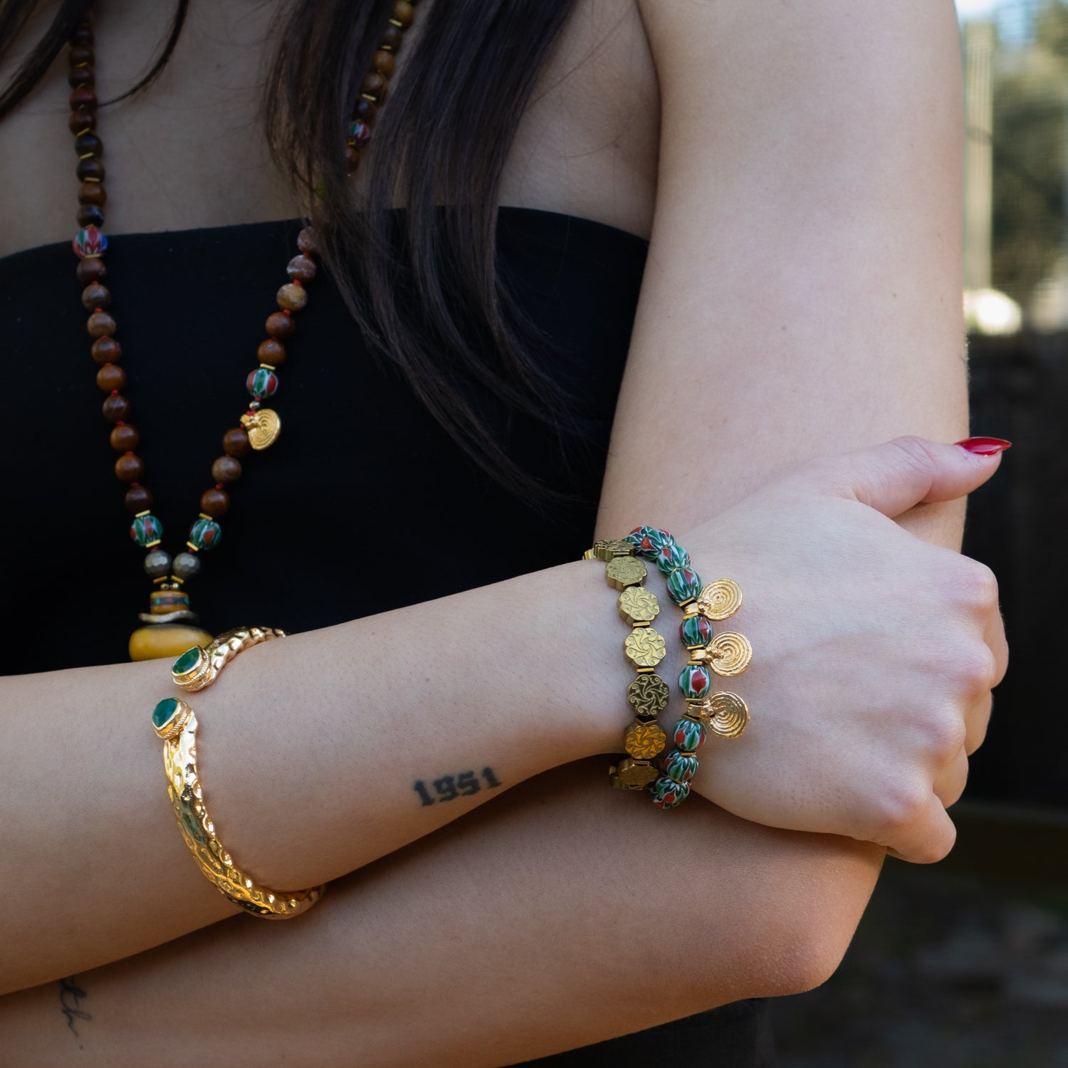 Cleopatra Emerald Stone & Gold Cuff Chunky Bracelet