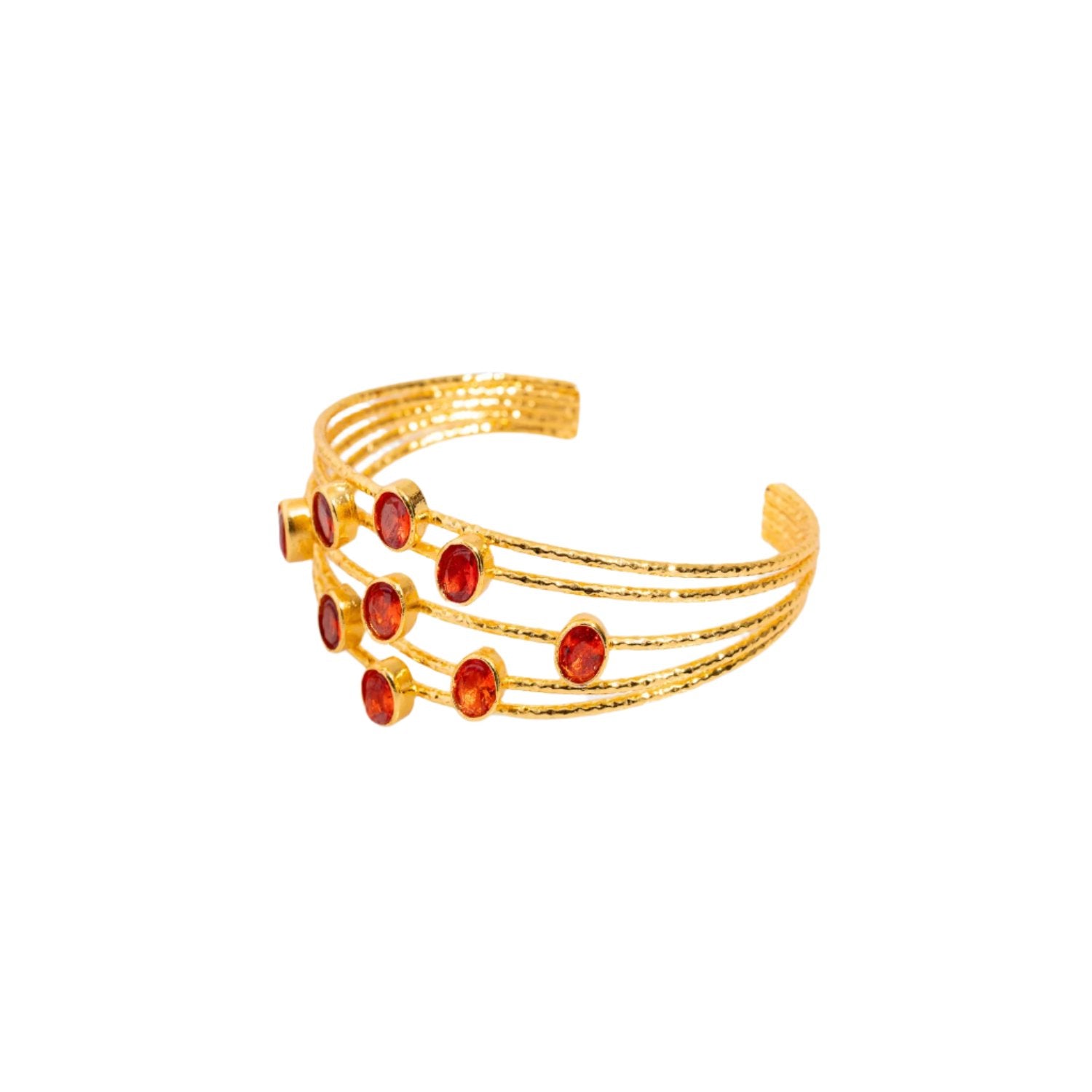 24k gold-plated chunky cuff bracelet with five gold wires and oval carnelian stones, offering a sophisticated and adjustable fit.