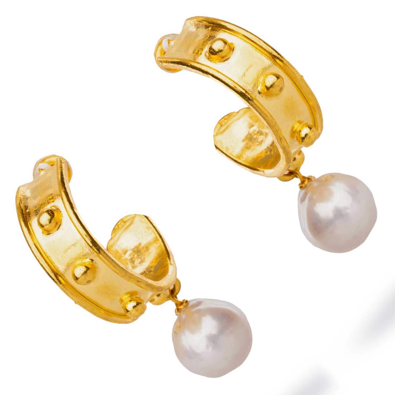 Gold hoop earrings with a pearl drop, blending chic design and mystic allure for an elevated look.
