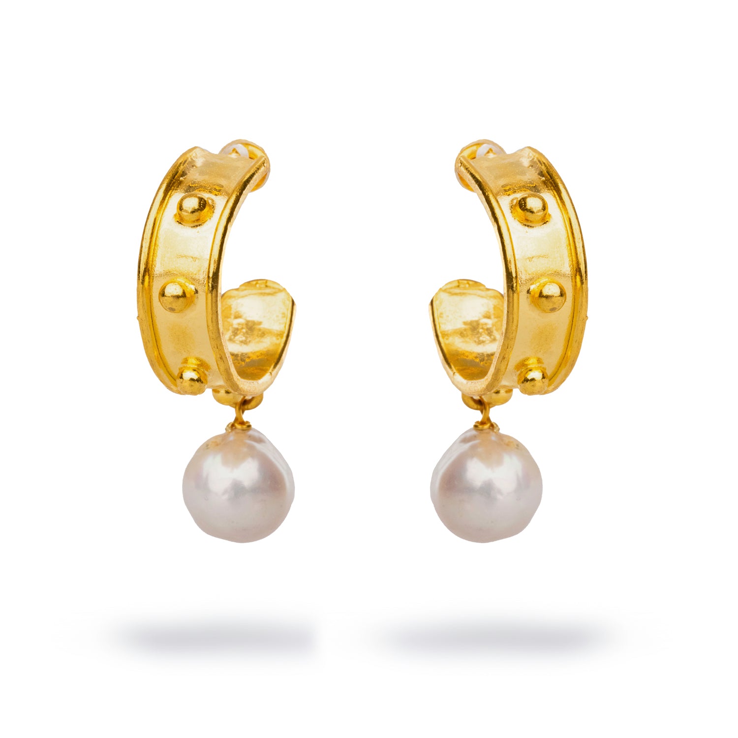Cleopatra-inspired gold hoop earrings with a pearl drop, plated in 24k gold for a bold and elegant look.