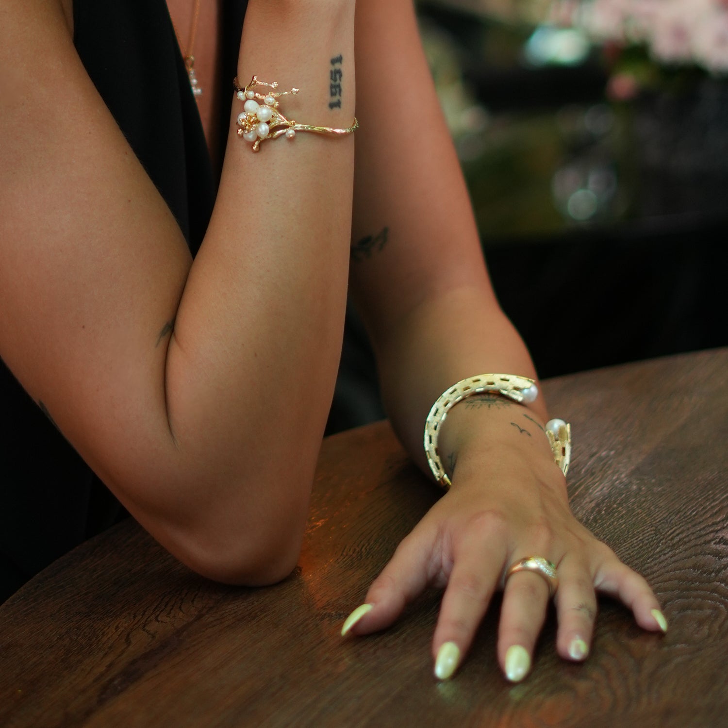 Gold and Pearl Chunky Cuff Bracelet with Unique Cutout Patterns for a Stunning Look