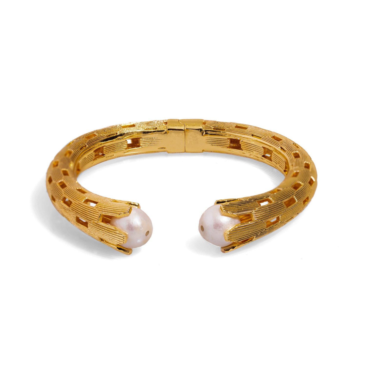24K Gold-Plated Chunky Cuff Bracelet with Pearl Stones for Bold Elegance and Sophistication