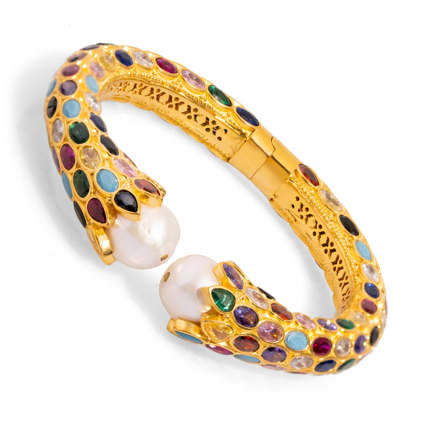 Gold Cuff Bracelet with Teardrop Sapphire Stones and Pearl Accents for a Luxe Fashion Statement