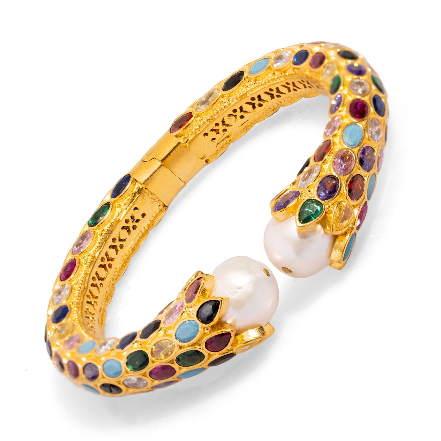 Handmade 24K Gold Cuff Bracelet with Sapphire Stones and Pearl Accents for a Luxurious Touch