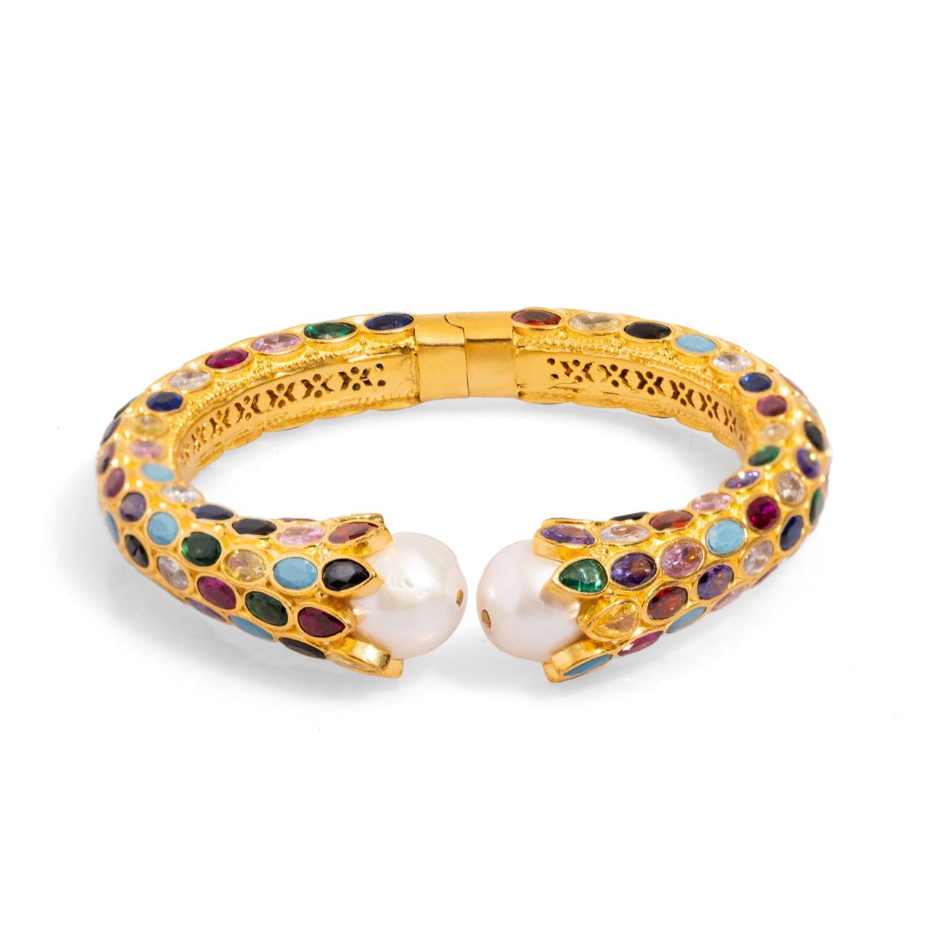 Gold Chunky Cuff Bracelet with Multi Sapphire Stones and Large Pearls for a Bold, Elegant Look