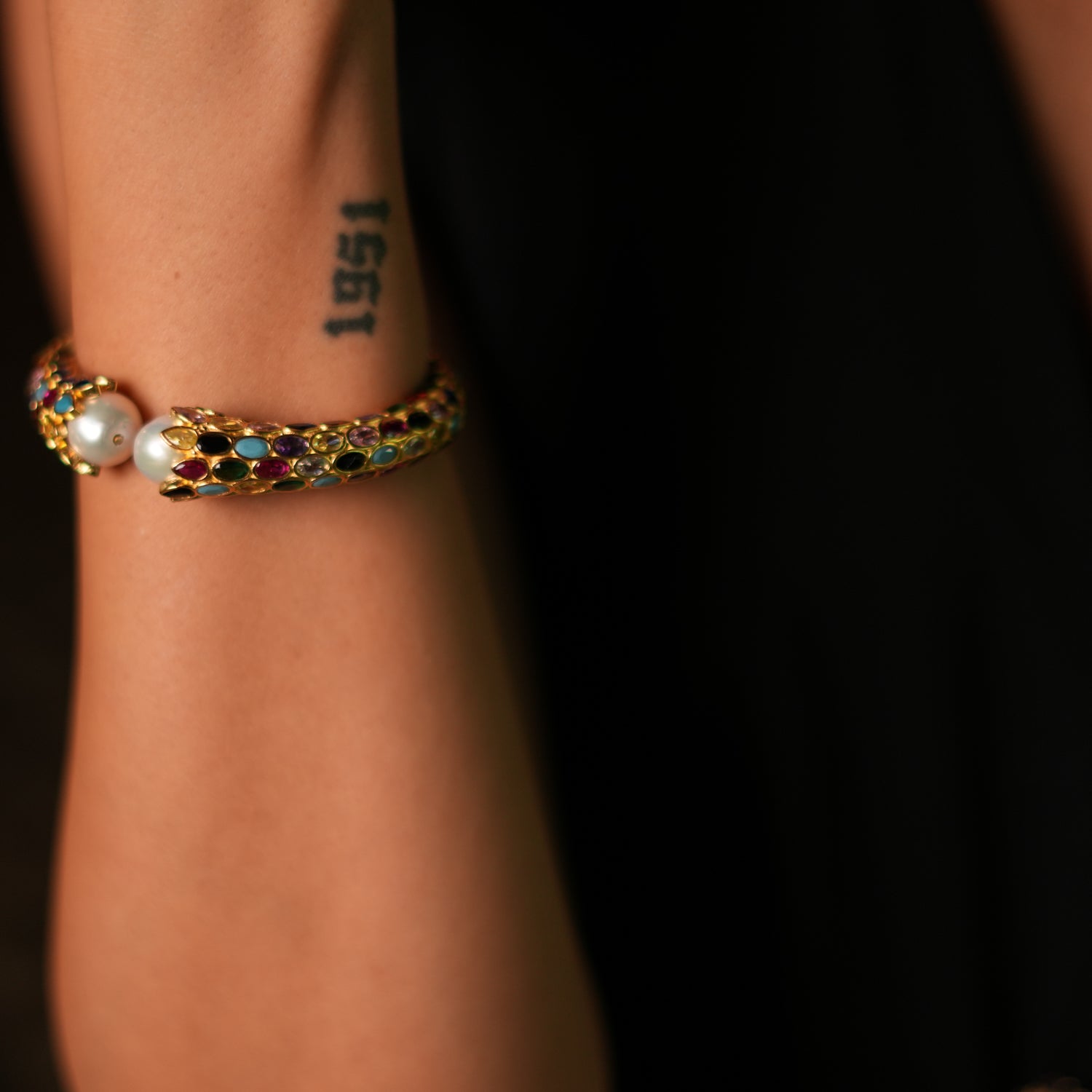 24K Gold-Plated Cuff Bracelet with Multi Gemstones and Pearl Stones for a Unique, Eye-Catching Design