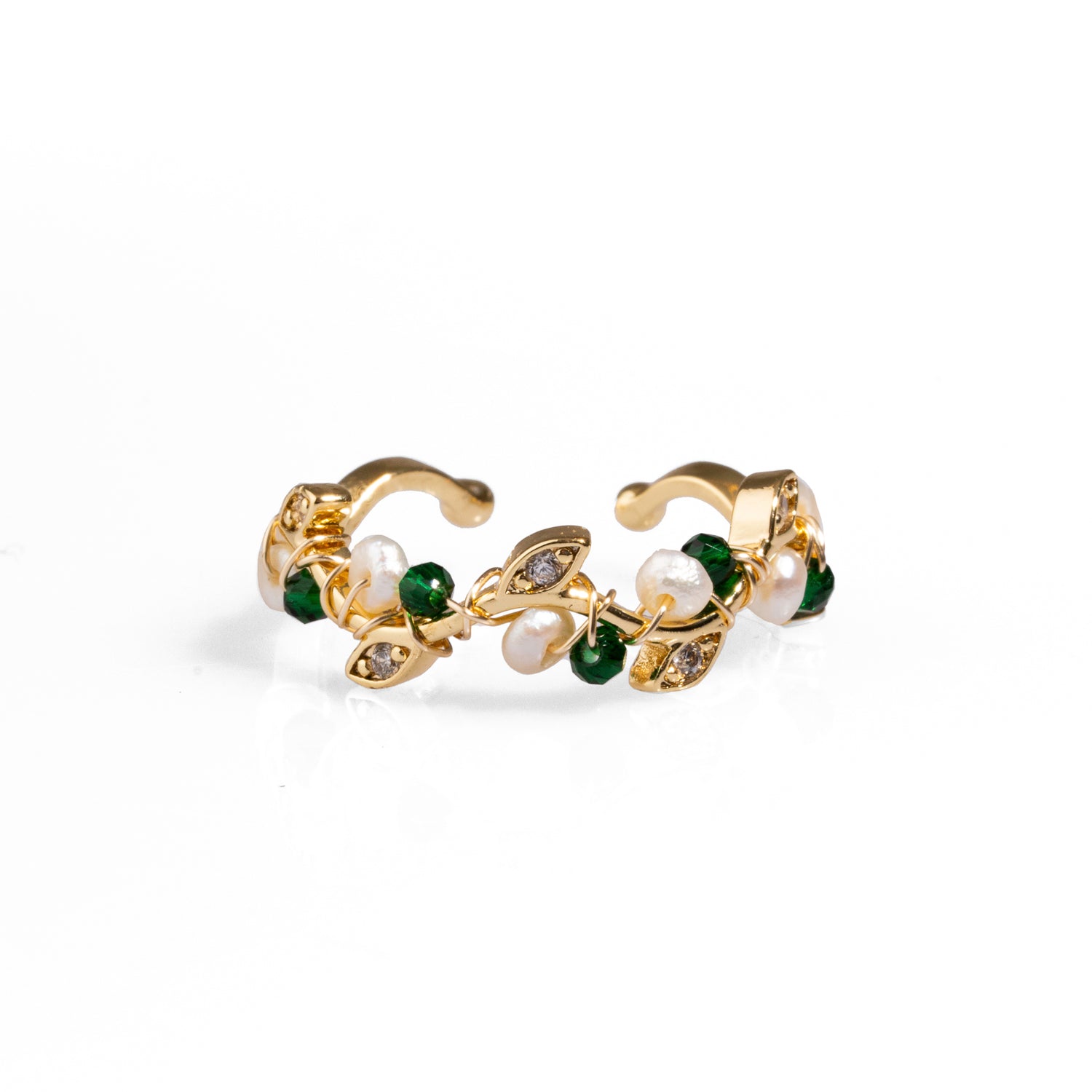 18K Gold-Plated Brass Ring with Pearl and Jade Stones for a Nature-Inspired Look