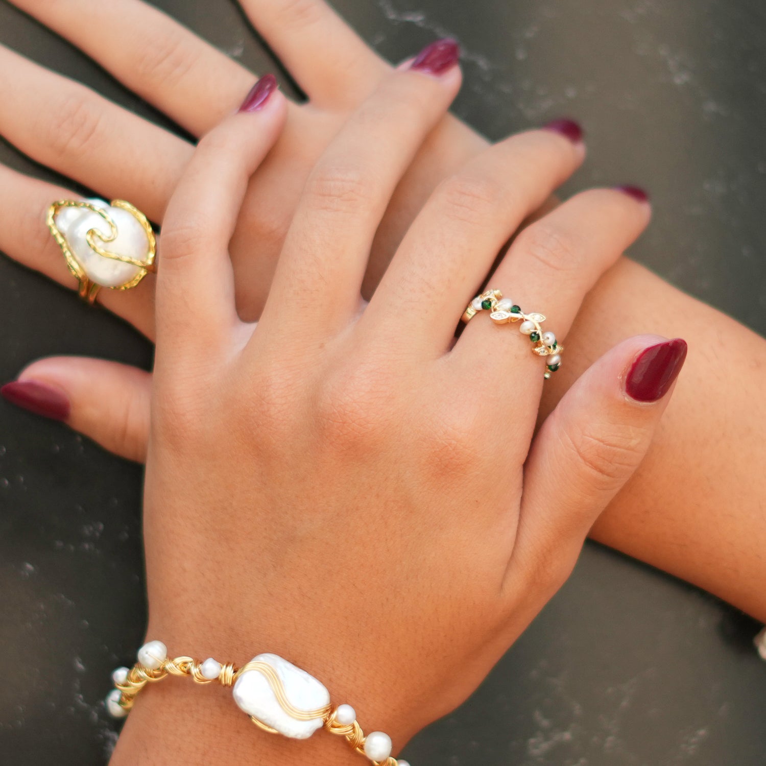 Minimalist Dainty Ring with Pearl, Jade, and Gold Leaves for Subtle Sophistication