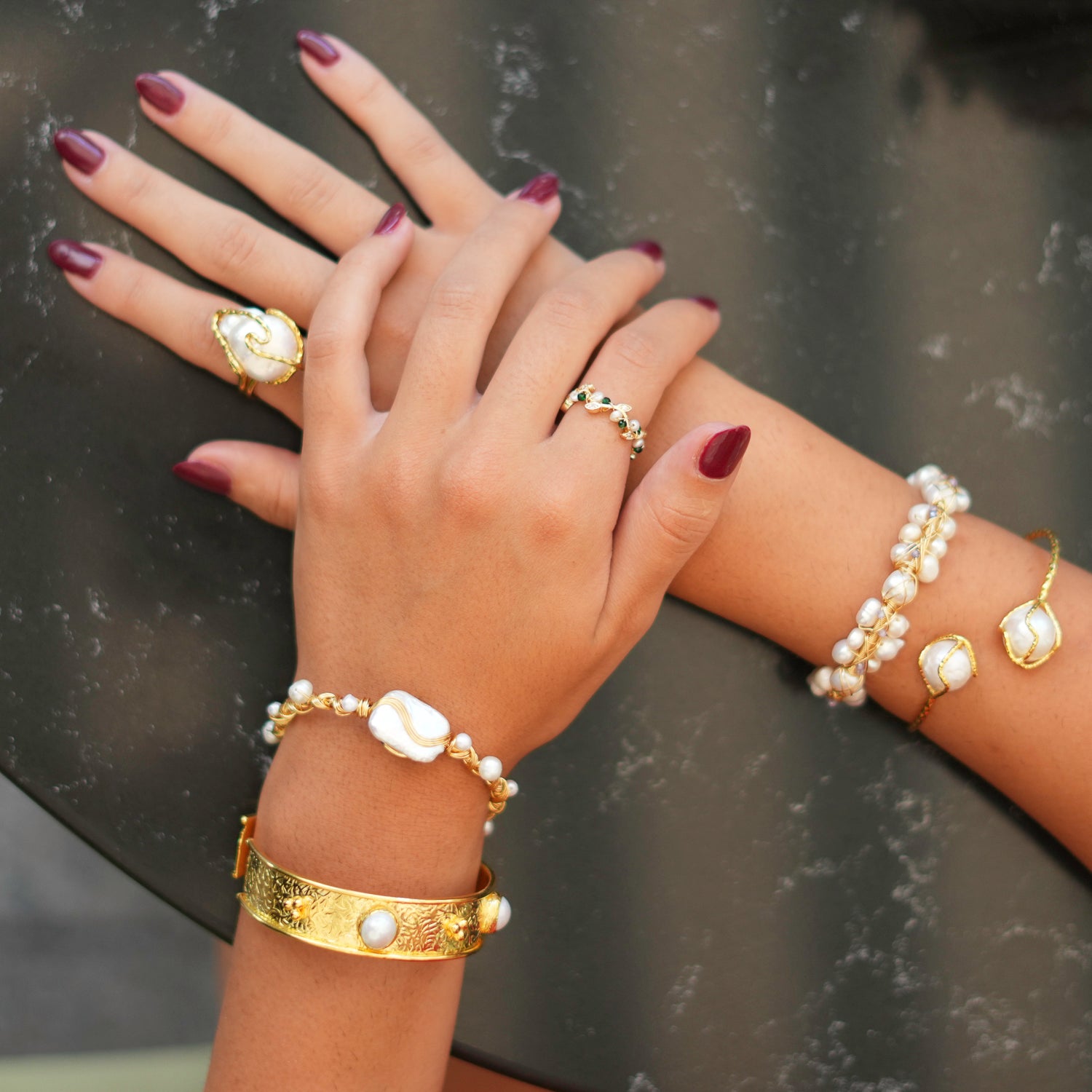 Timeless Pearl & Jade Adjustable Ring with Gold Leaf Accents for a Chic Look