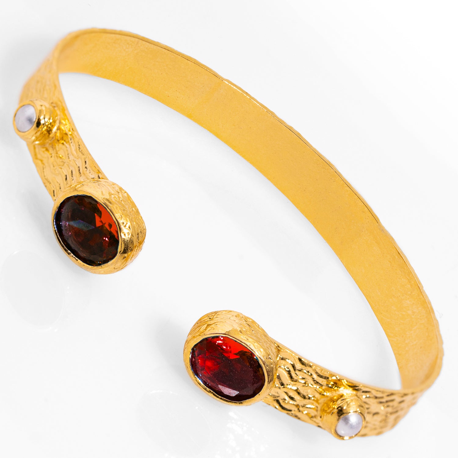 Handcrafted 24K Gold Cuff Bracelet with Ruby Stones and Pearls for Elegant, Refined Style