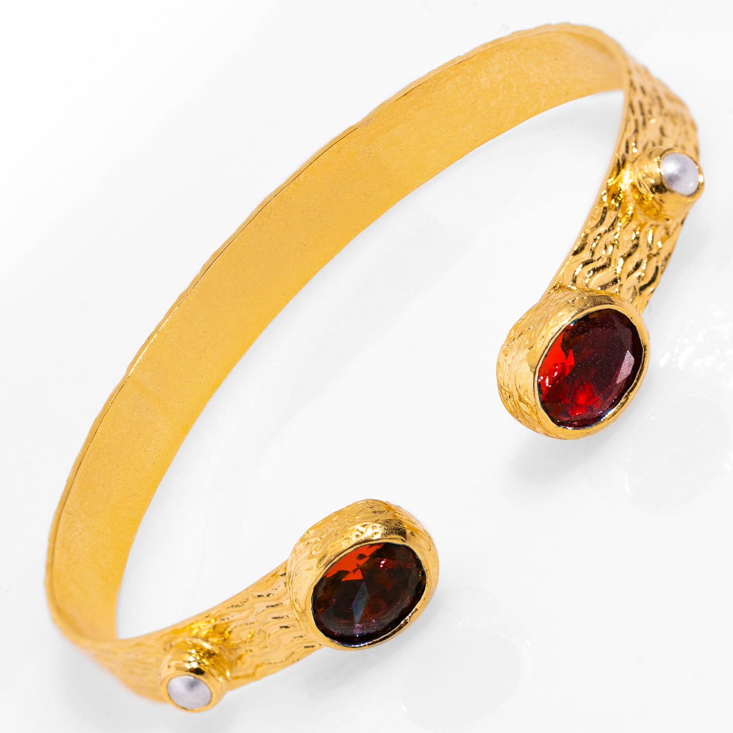 Gold-Plated Cuff Bracelet with Ruby Stones and Pearls for Timeless, Sophisticated Charm