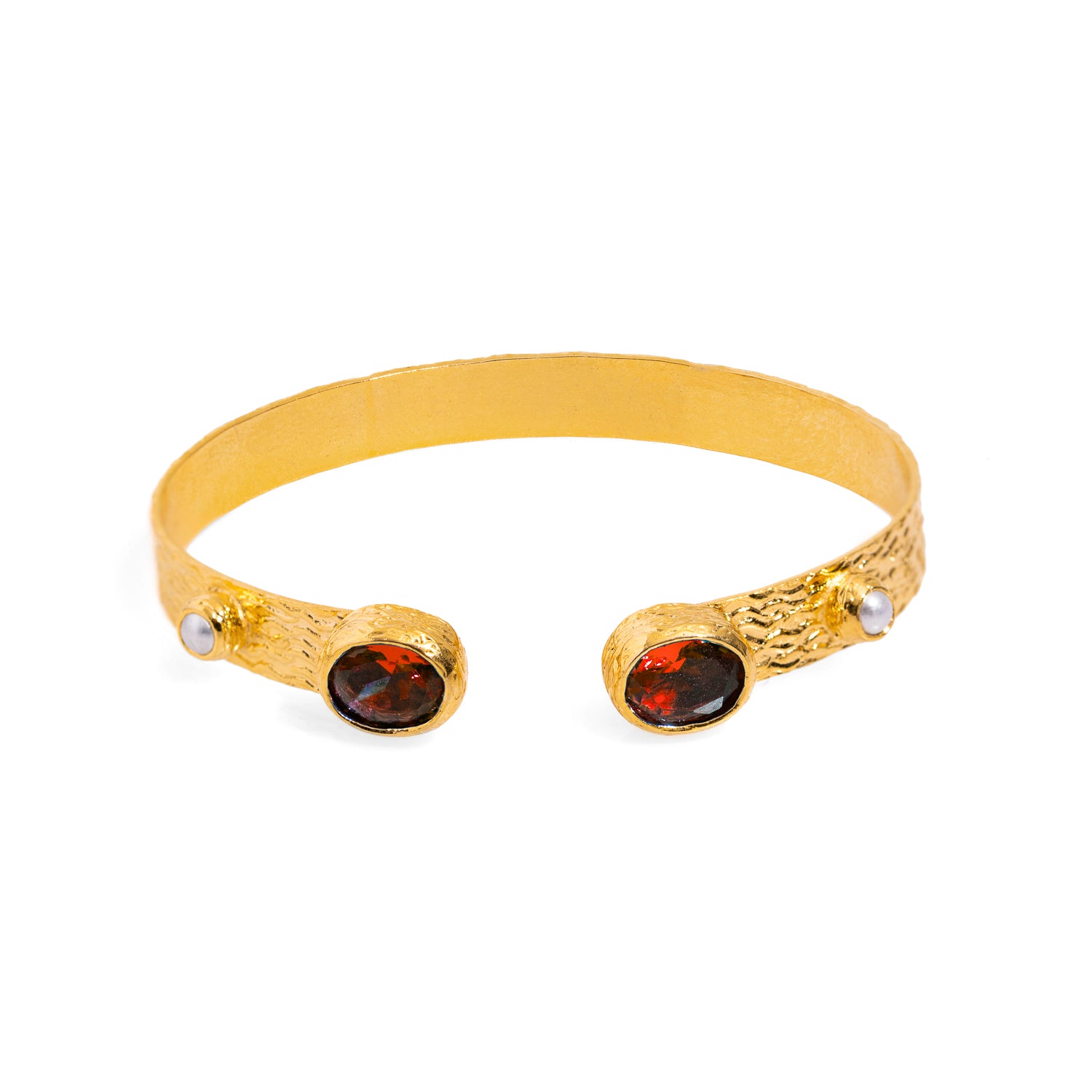 24K Gold-Plated Cleopatra Cuff Bracelet with Ruby Stones and Pearl Accents for Timeless Elegance