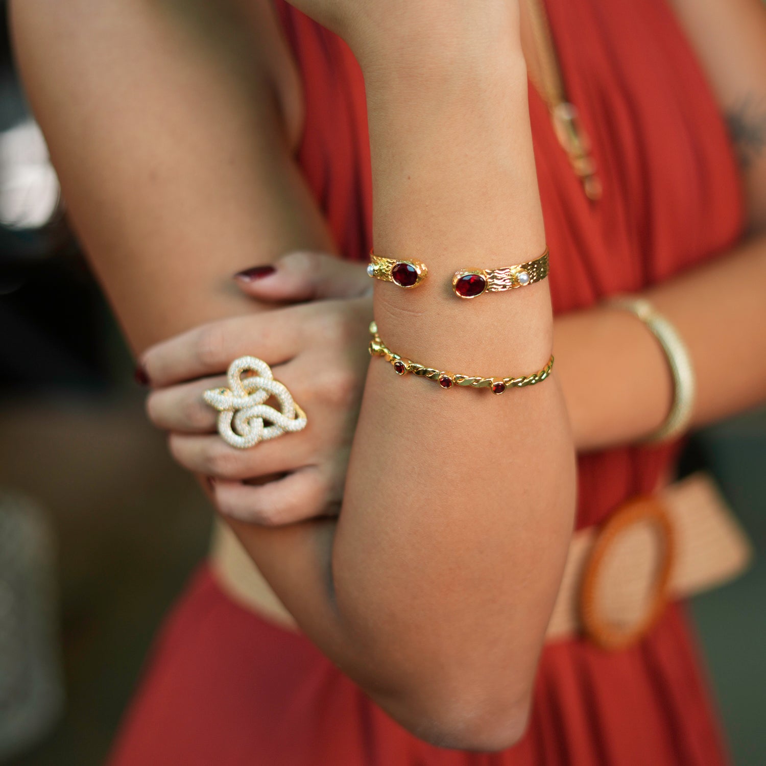 Handmade Gold Cuff Bracelet with Ruby Stones and Pearl Accents for a Unique, Timeless Look