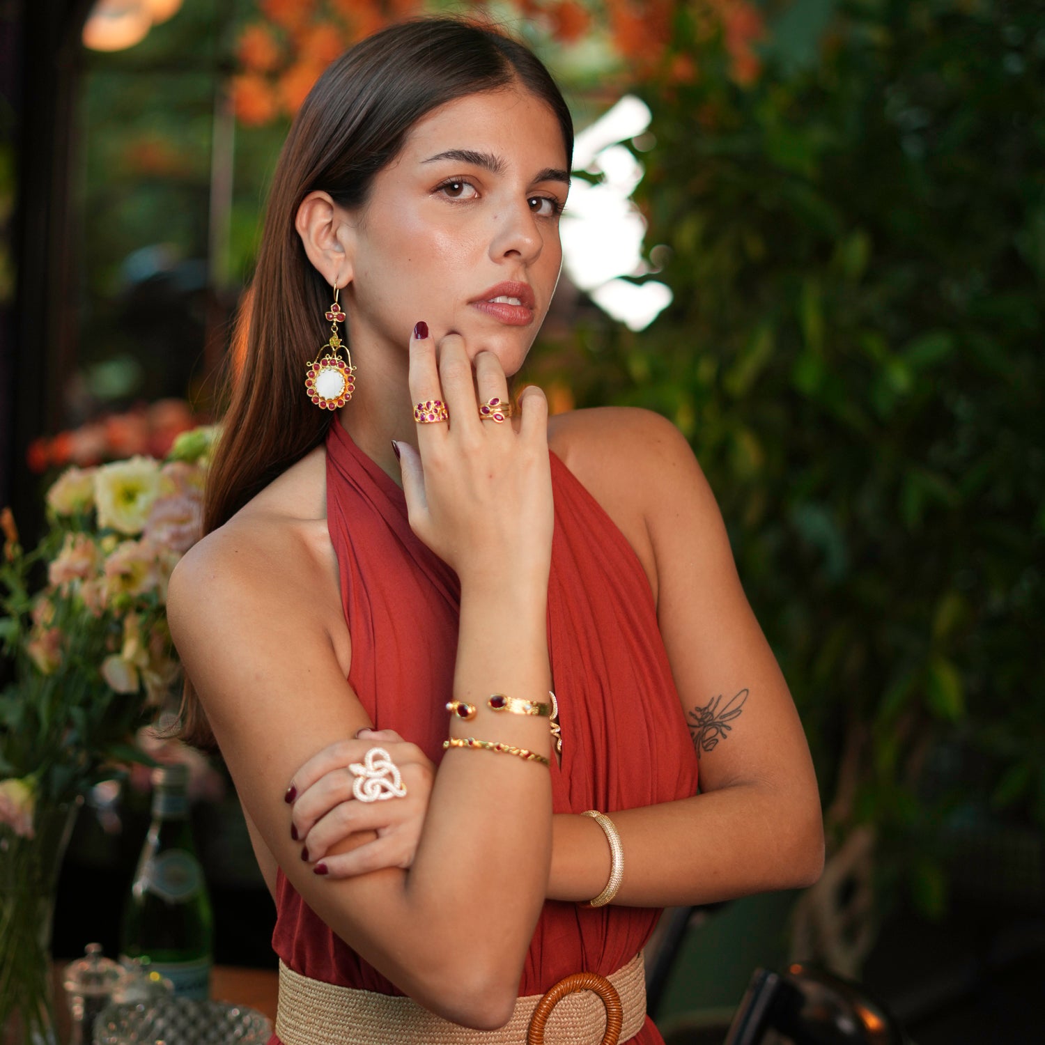 Adjustable 24K Gold Cuff Bracelet with Ruby Stones and Pearl Accents for a Luxurious Look