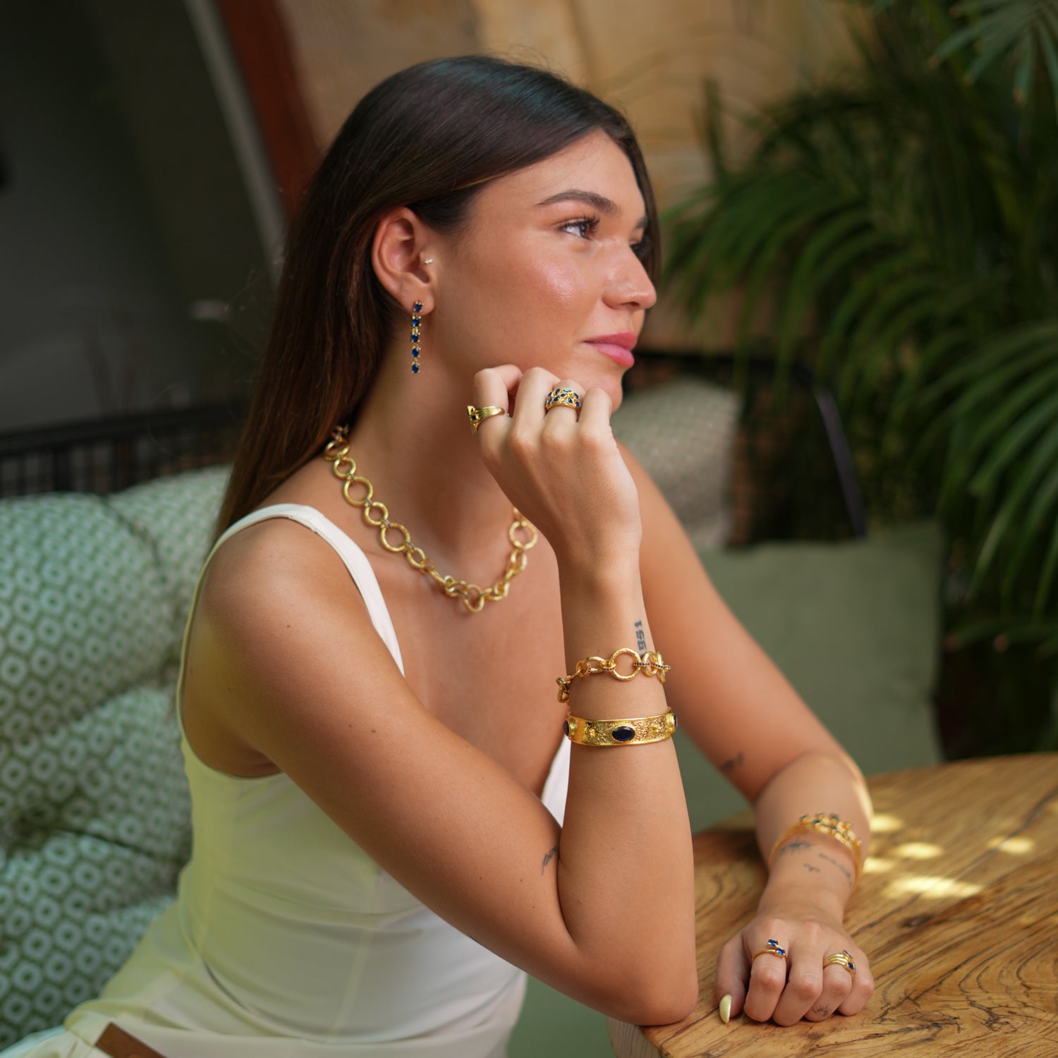 Handcrafted 24K Gold Cuff Bracelet with Three Striking Sapphire Gemstones for Timeless Luxury
