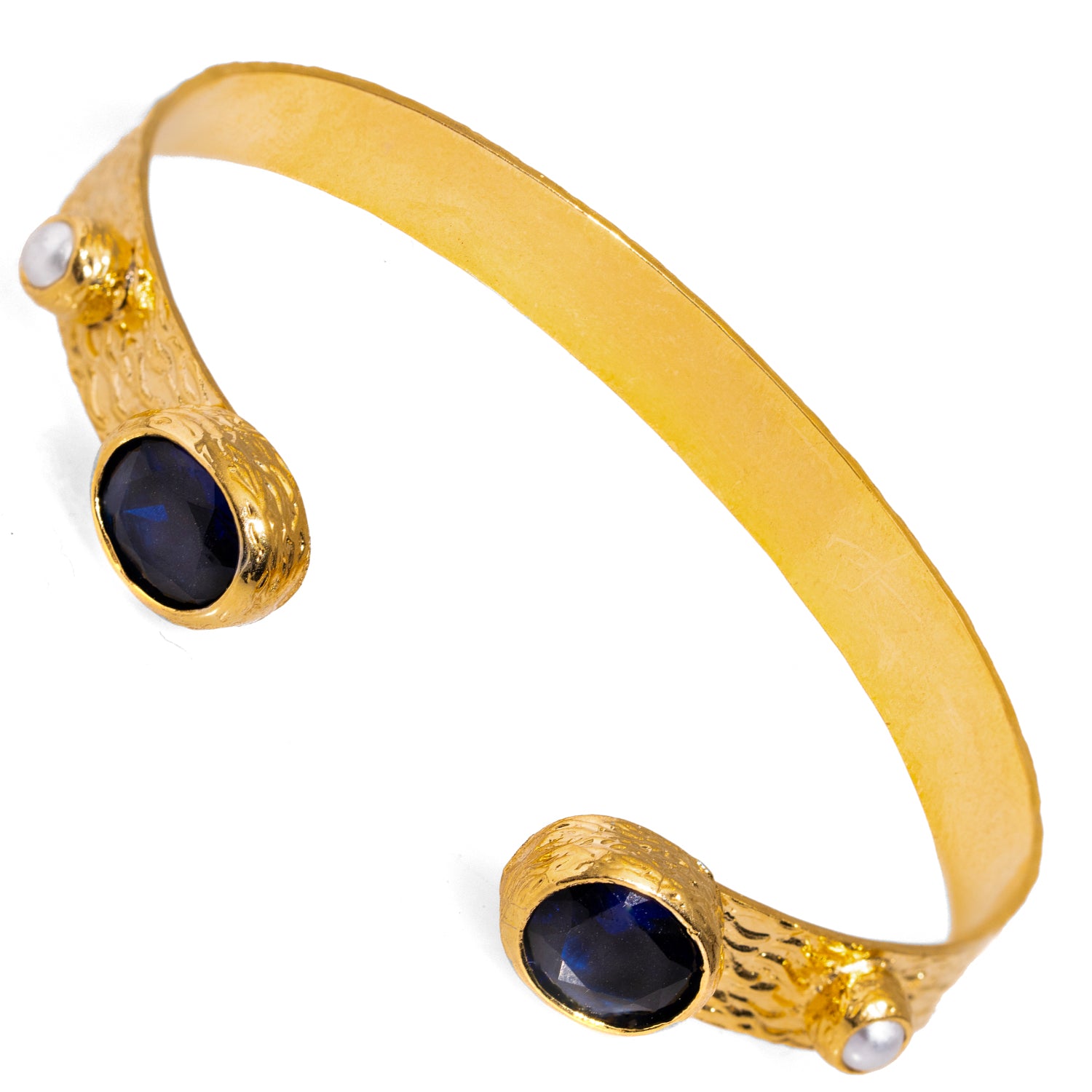 Adjustable 24K Gold Cuff Bracelet with Sapphire Stones and Pearl for a Stylish, Regal Look