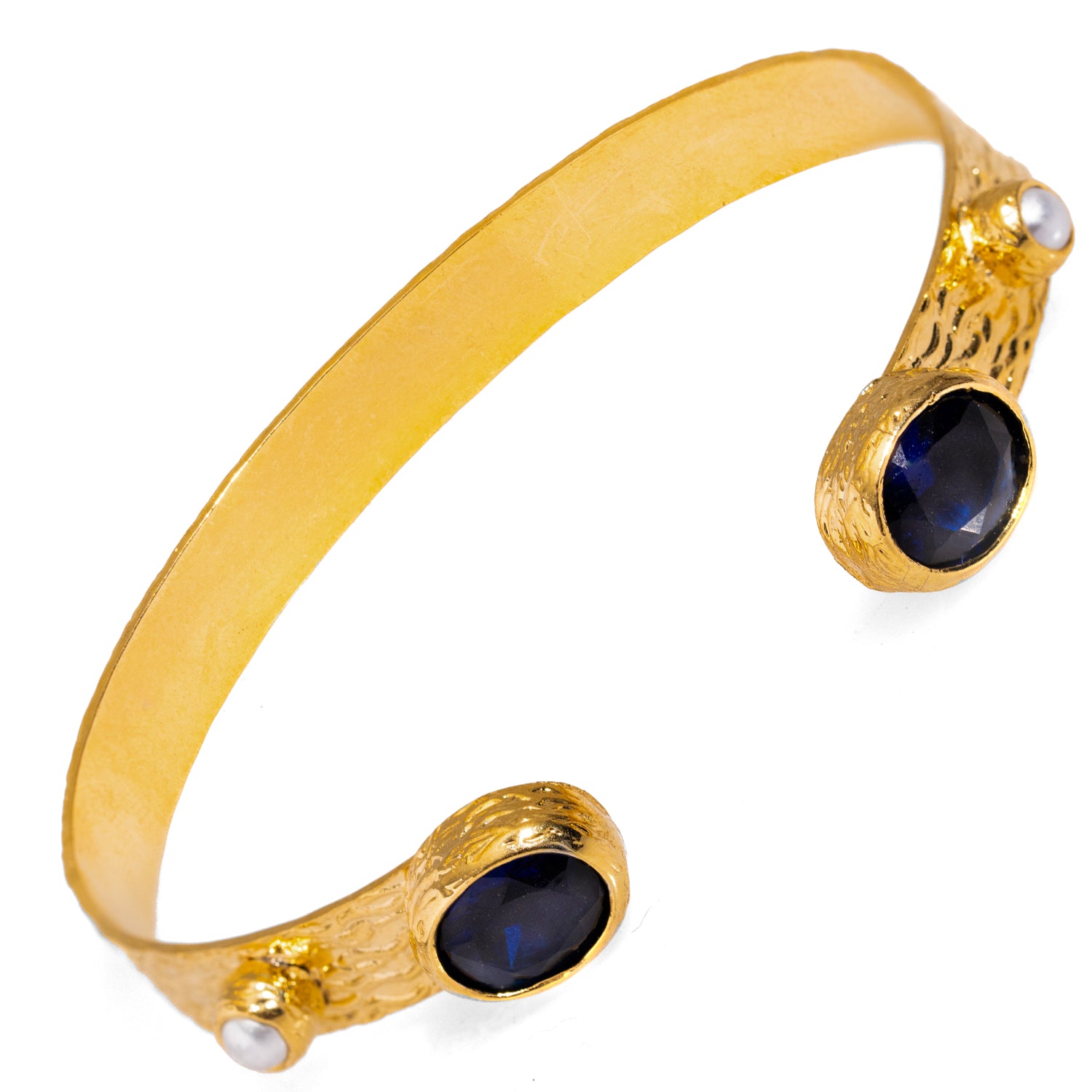 Gold-Plated Cuff Bracelet with Sapphire Stones and Pearls for Timeless, Sophisticated Beauty