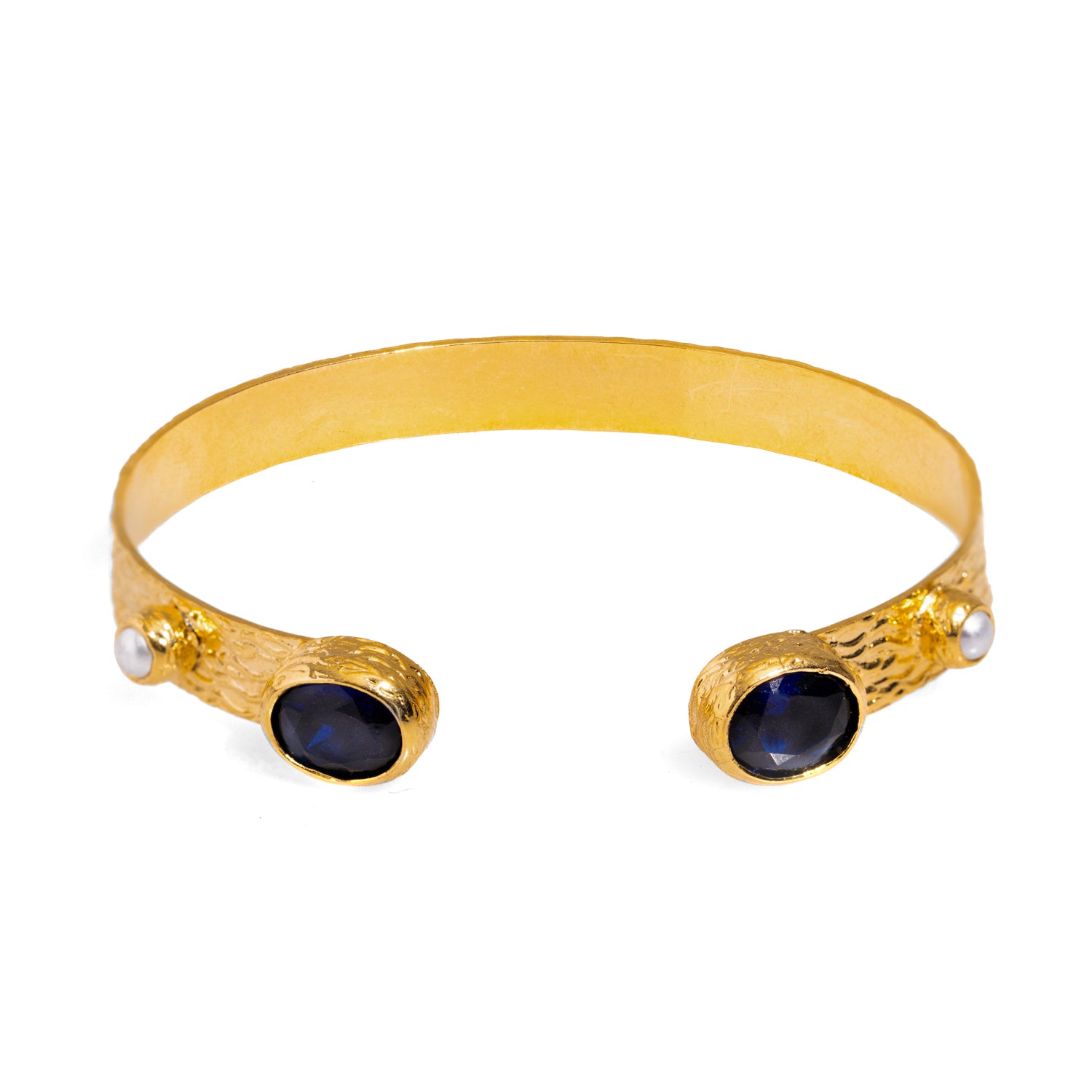Gold Cuff Bracelet with Sapphire Stones and Pearl Accents for Regal Charm and Sophistication