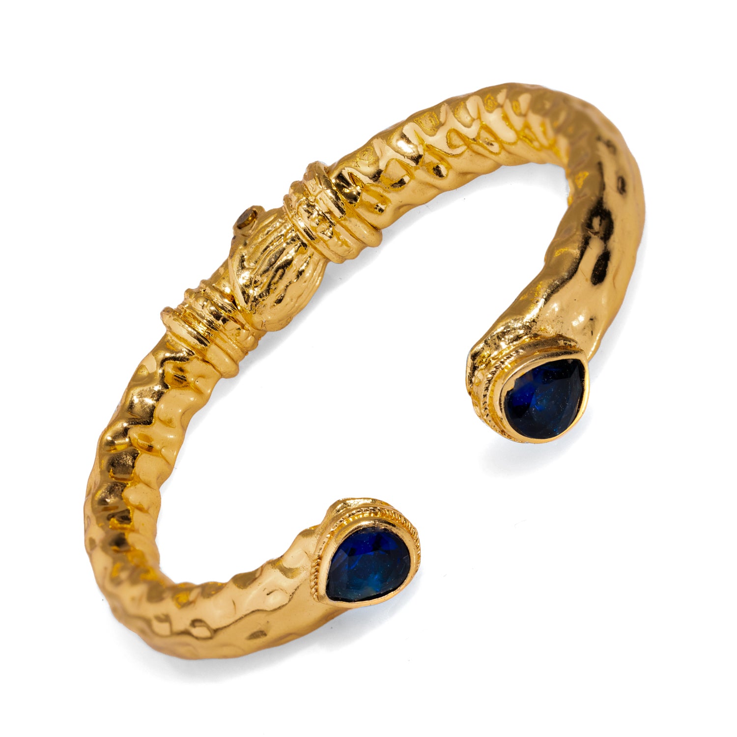 Gold-Plated Cuff Bracelet with Teardrop Sapphire Stones for a Unique, Regal Fashion Accessory