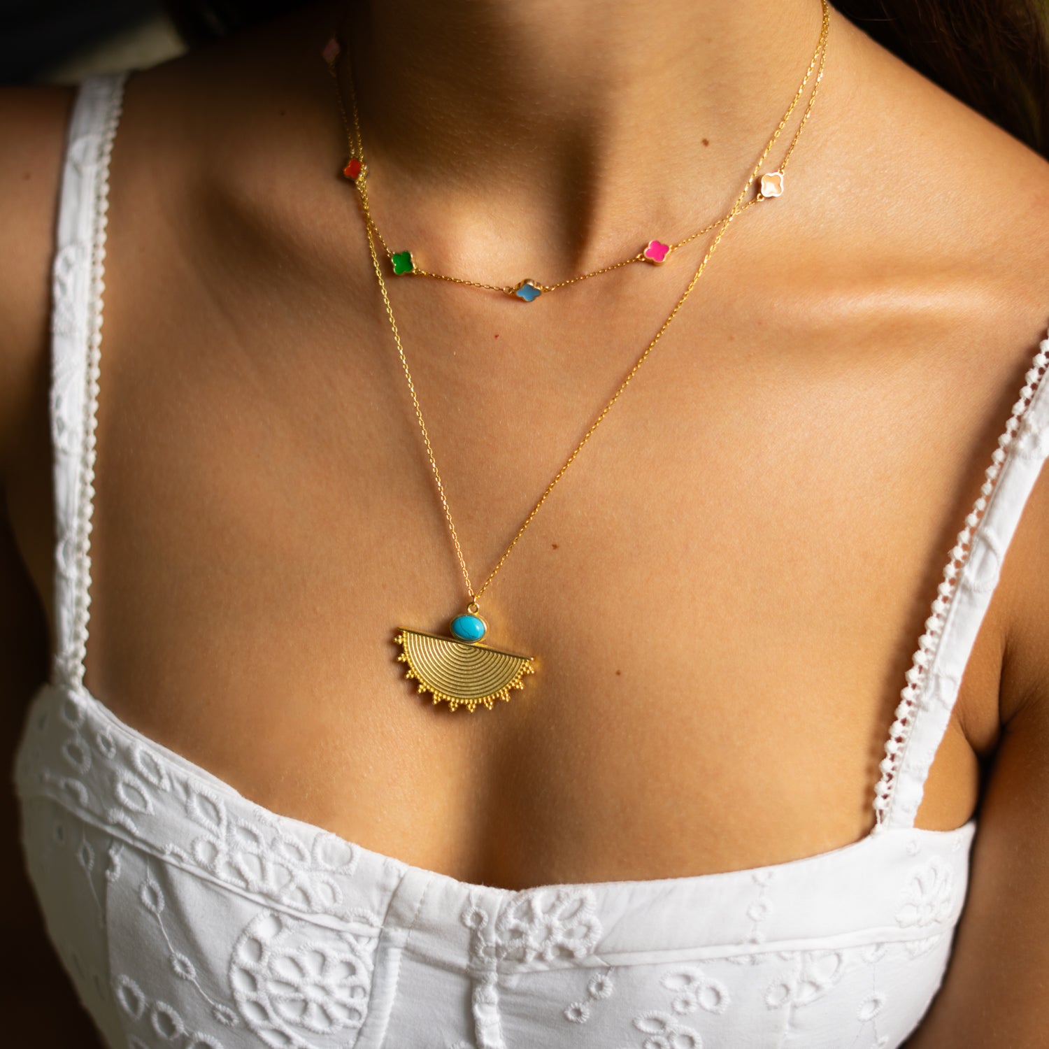 Cleopatra Sunburst Turquoise Gold Necklace