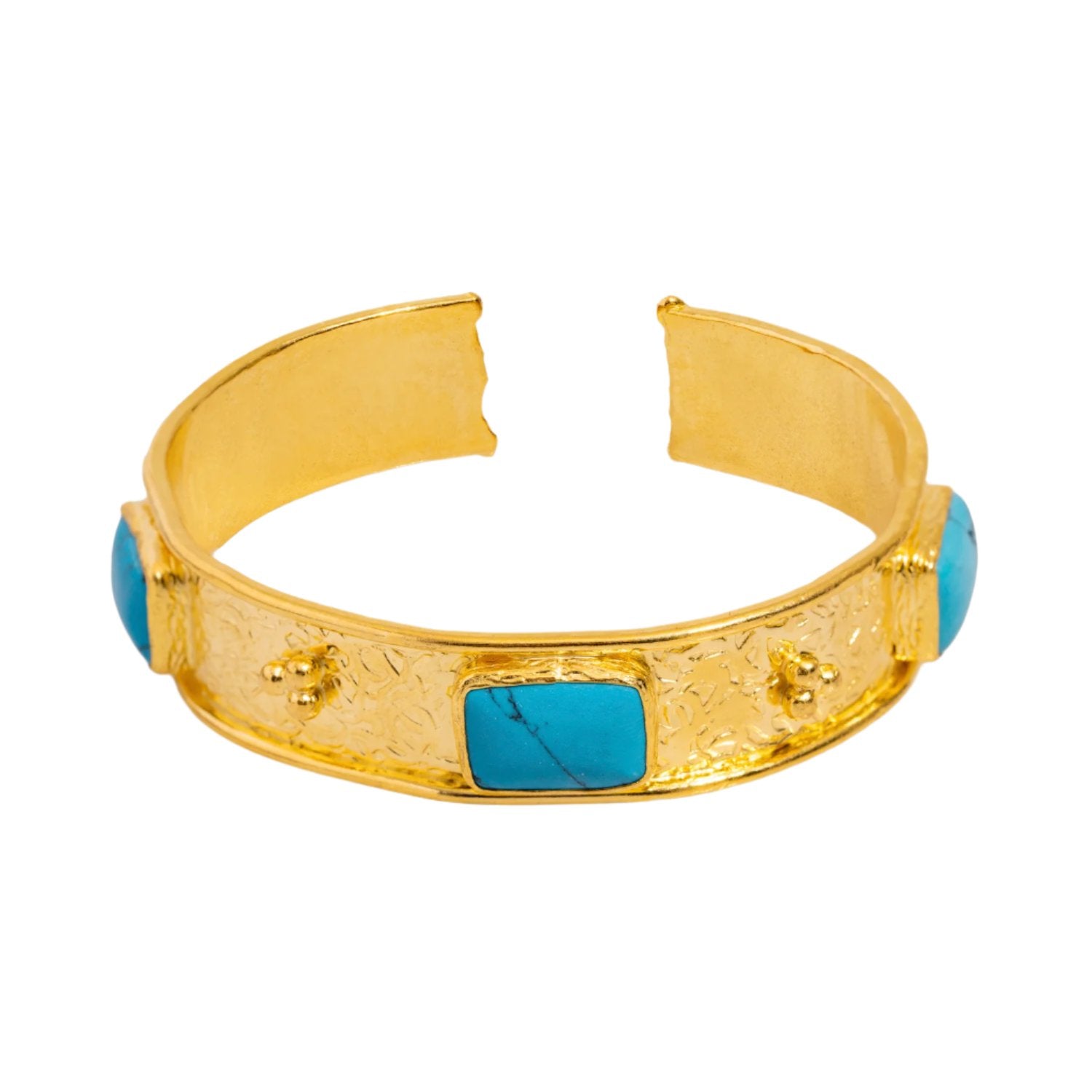 Gold Cuff Bracelet with Intricate Antique Design and Turquoise Stones for a Sophisticated Look