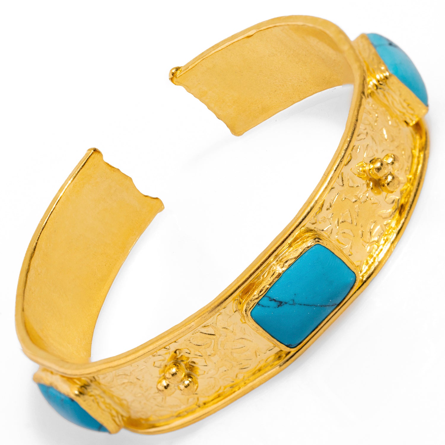 Intricate Gold Cuff Bracelet with Turquoise Stones for a Unique and Regal Fashion Accessory