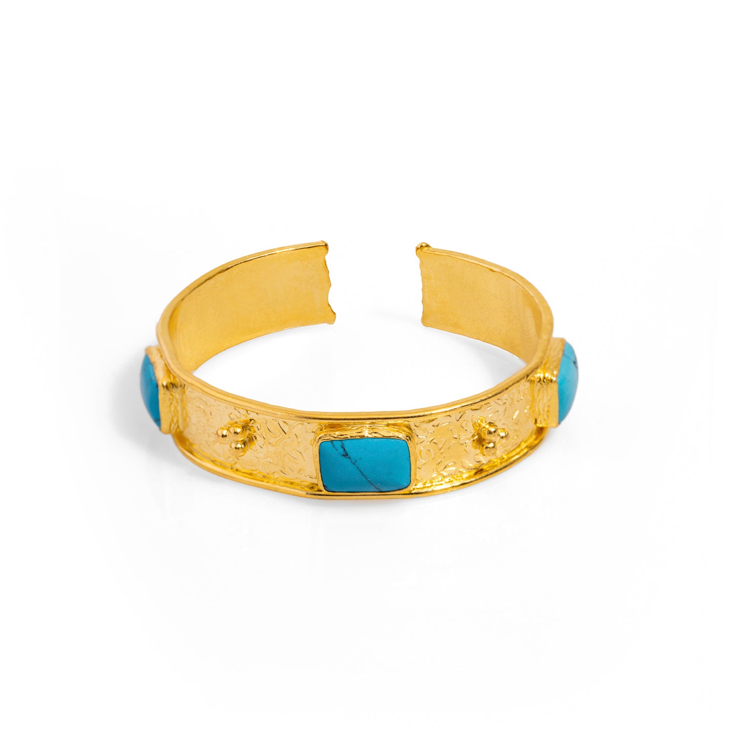 24K Gold Cuff Bracelet with Turquoise Gemstones and Intricate Detailing for a Regal Fashion Statement