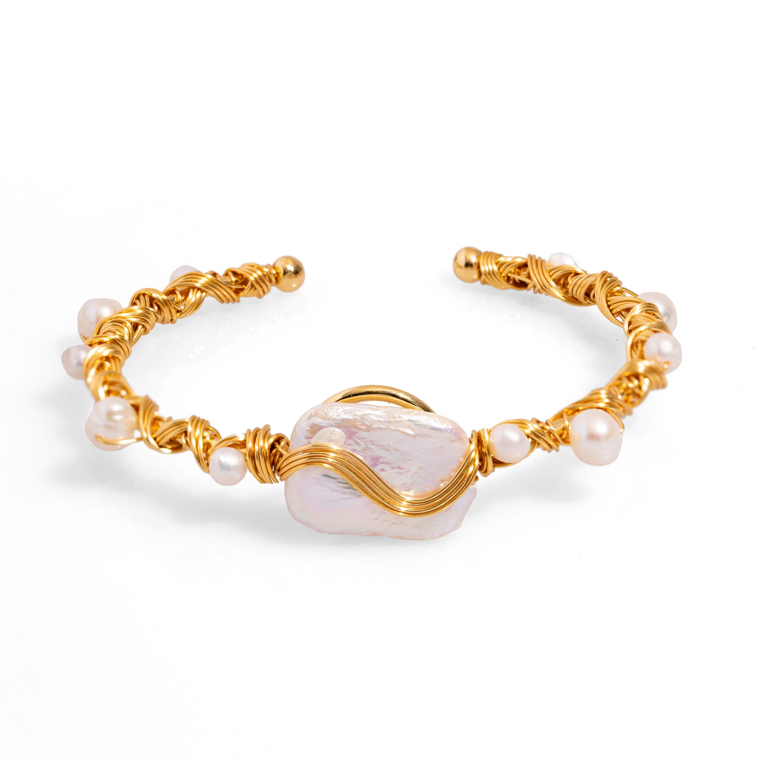Gold Twisted Design Cuff Bracelet with Elegant Pearl Stones for Versatile, Timeless Style