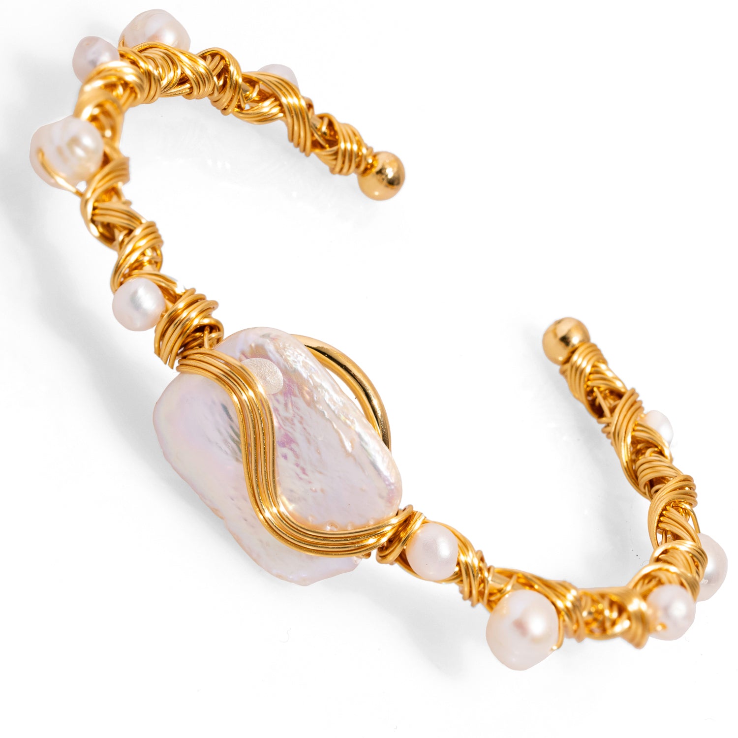 24K Gold-Plated Pearl and Twisted Design Cuff Bracelet for Timeless Sophistication