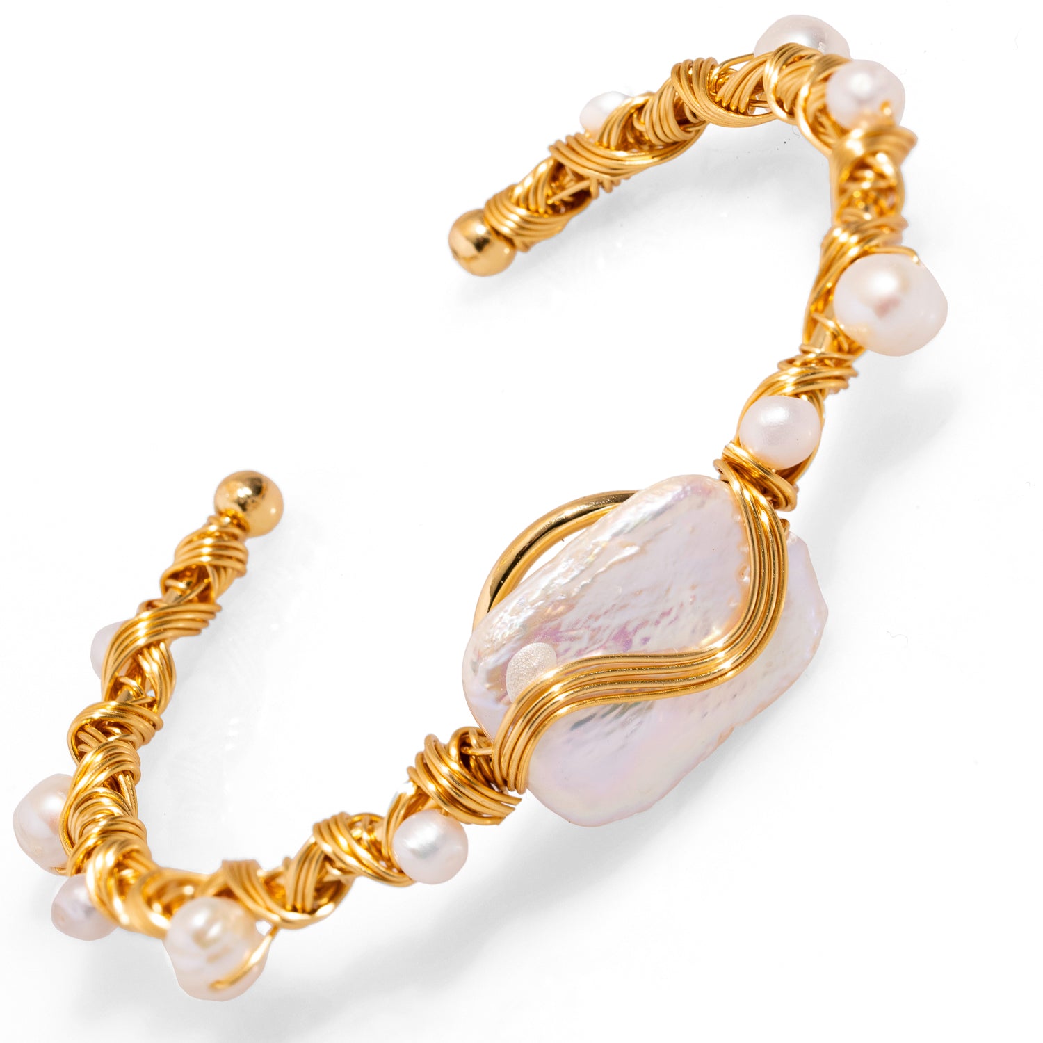 Handcrafted 24K Gold Cuff Bracelet with Twisted Design and Pearl Accents for Luxe Appeal