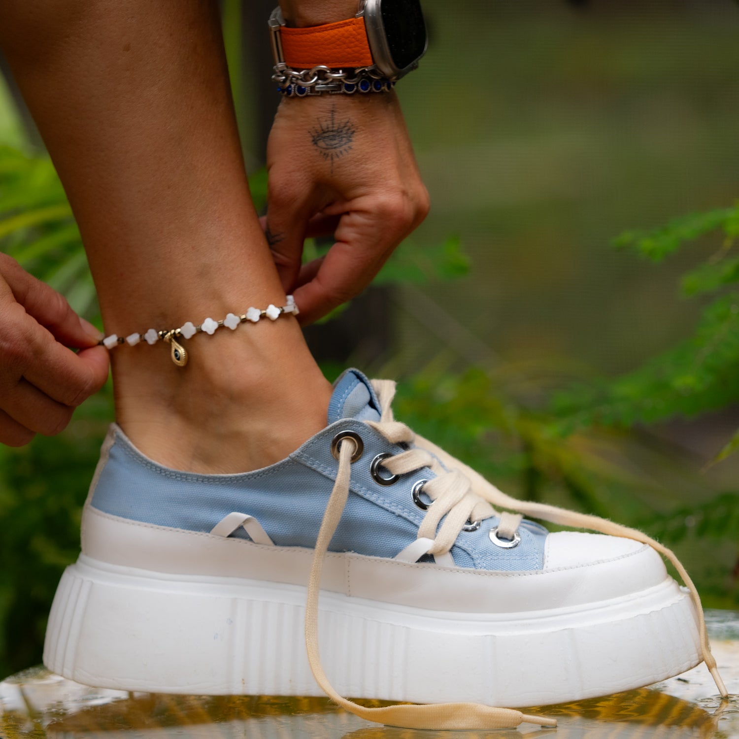 Clover Pearl Beaded Gold Evil Eye Charm Anklet