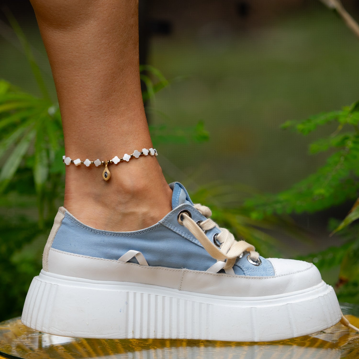 Clover Pearl Beaded Gold Evil Eye Charm Anklet