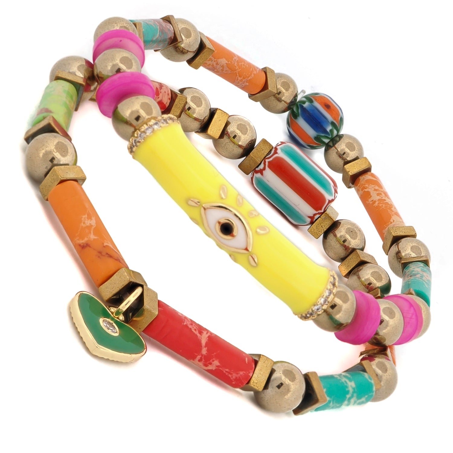 Vibrant bracelet set with multicolor jasper stones, African beads, and gold-plated Evil Eye and heart charms.