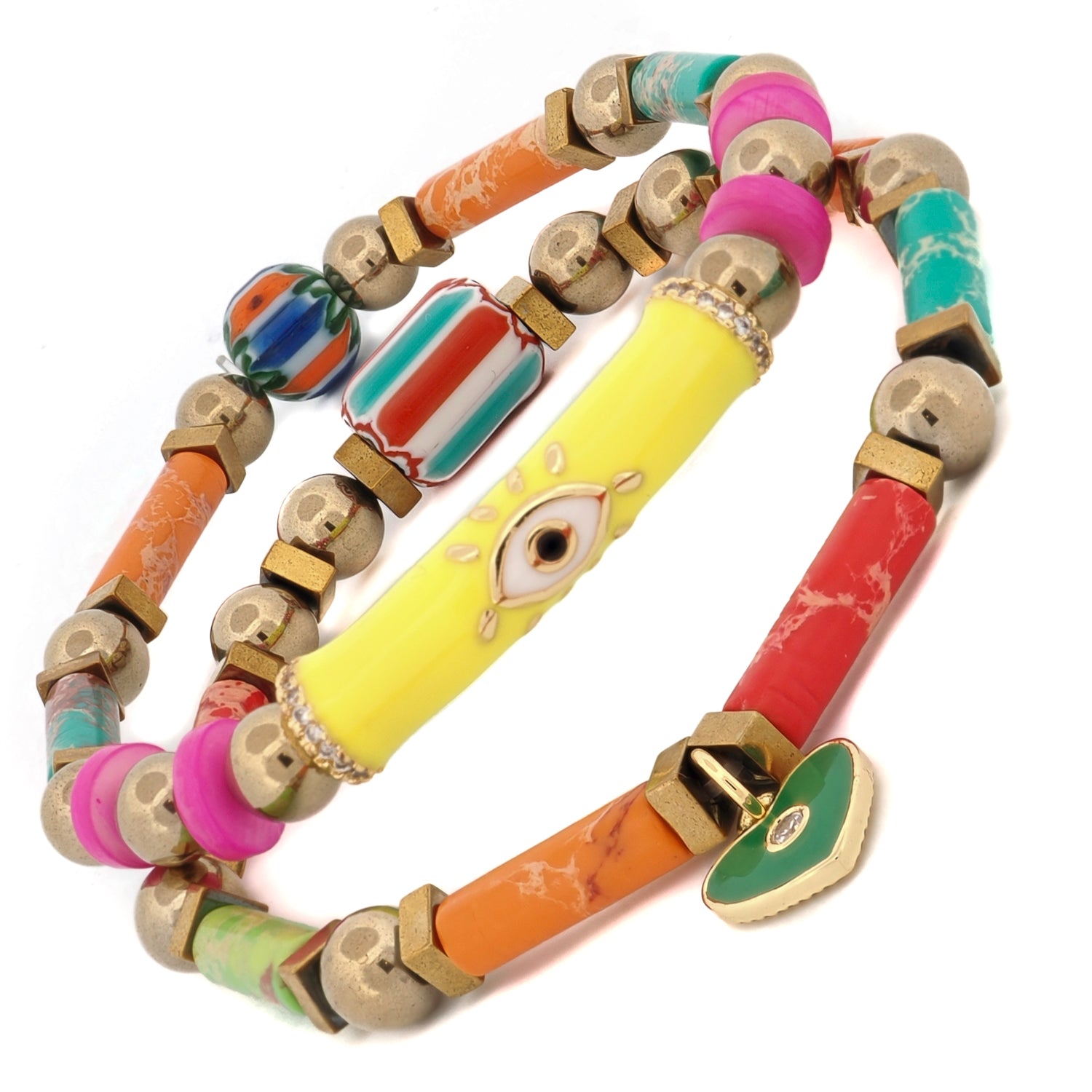 Elegant bracelet set with jasper stones, gold hematite, and spiritual charms for grounding energy and positivity.