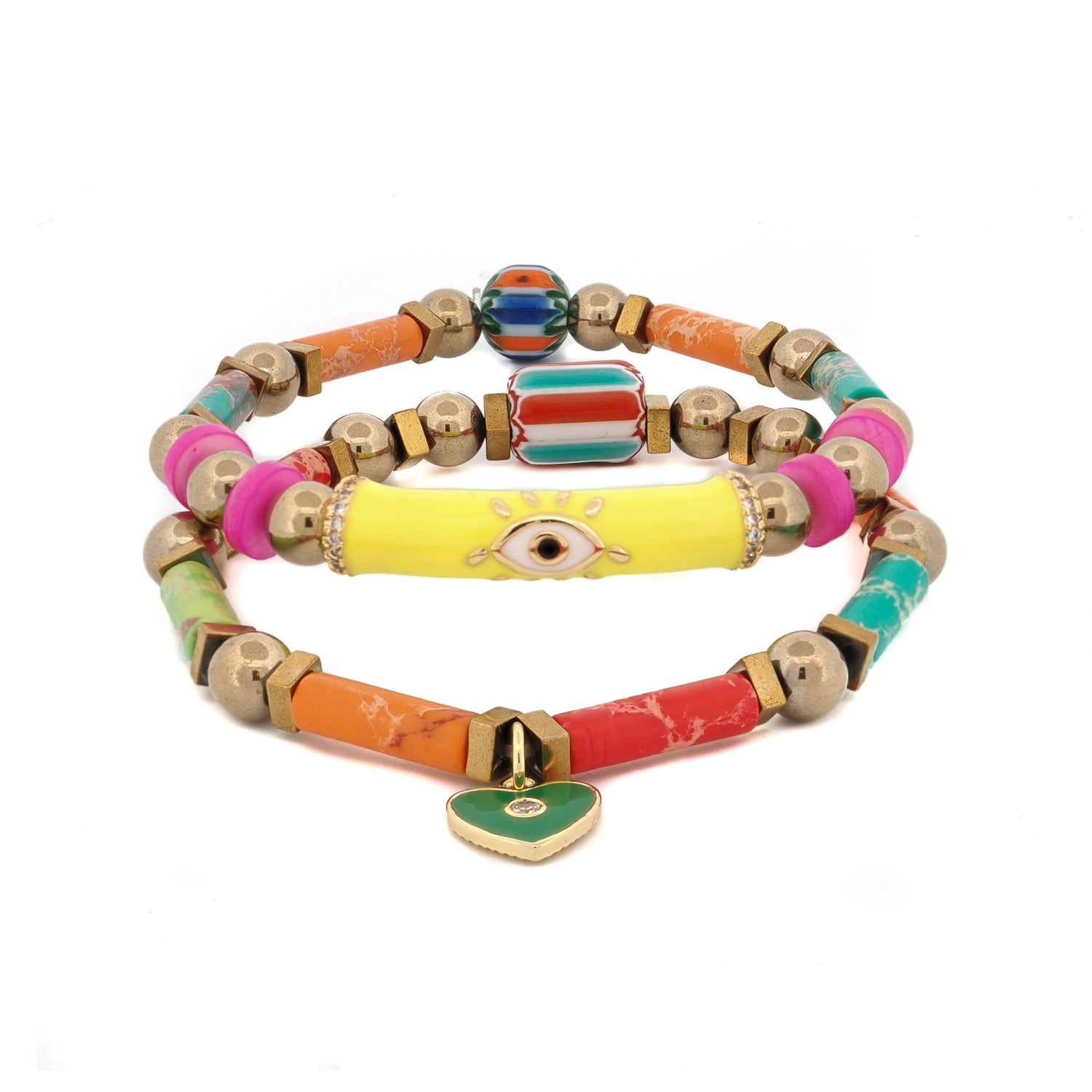 Colorful Jasper Guardian Evil Eye & Heart Charm Bracelet Set with multicolor jasper stones and 18K gold-plated accents.