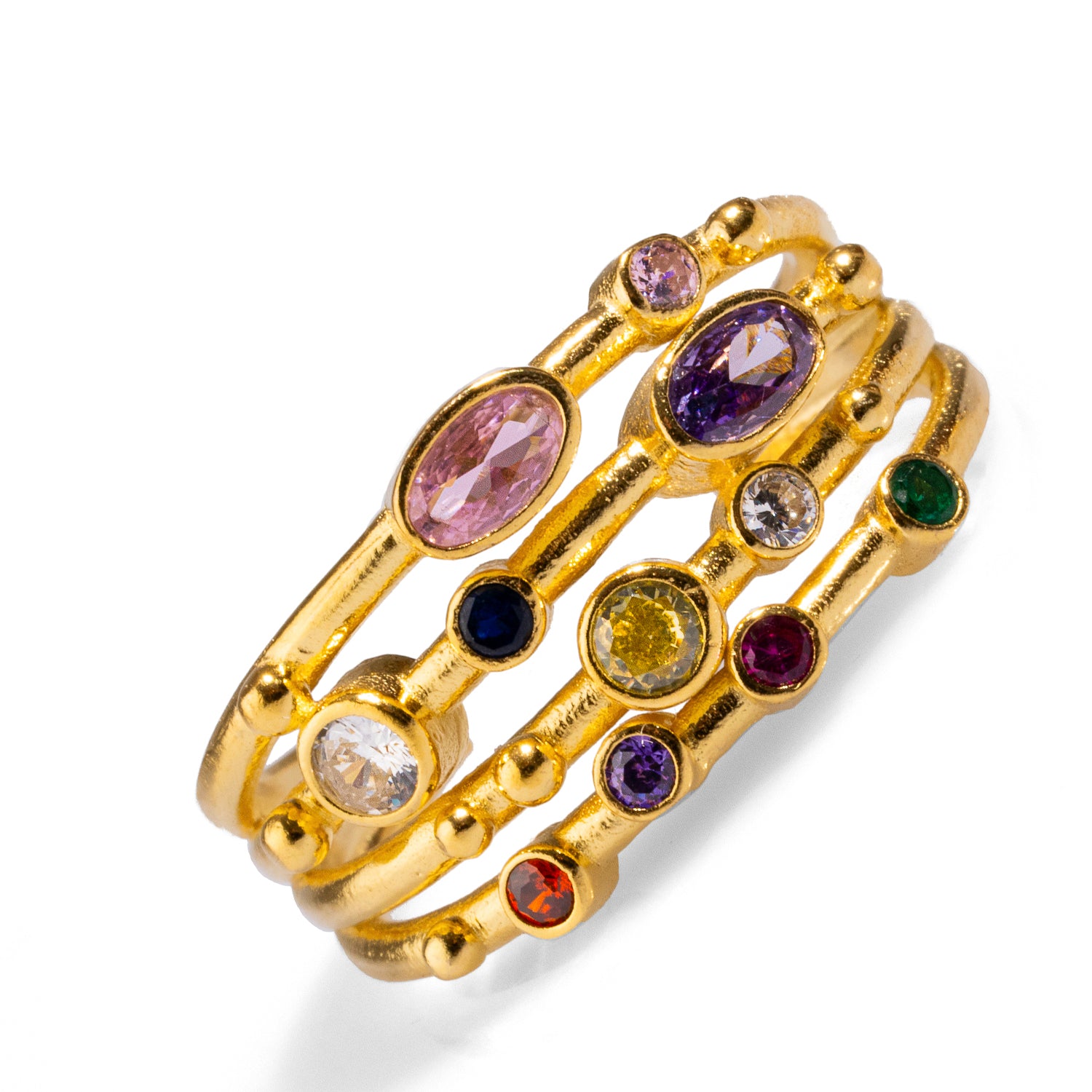 24K Gold-Plated Multi Gemstone Ring with Adjustable Band for Personalized Style and Comfort