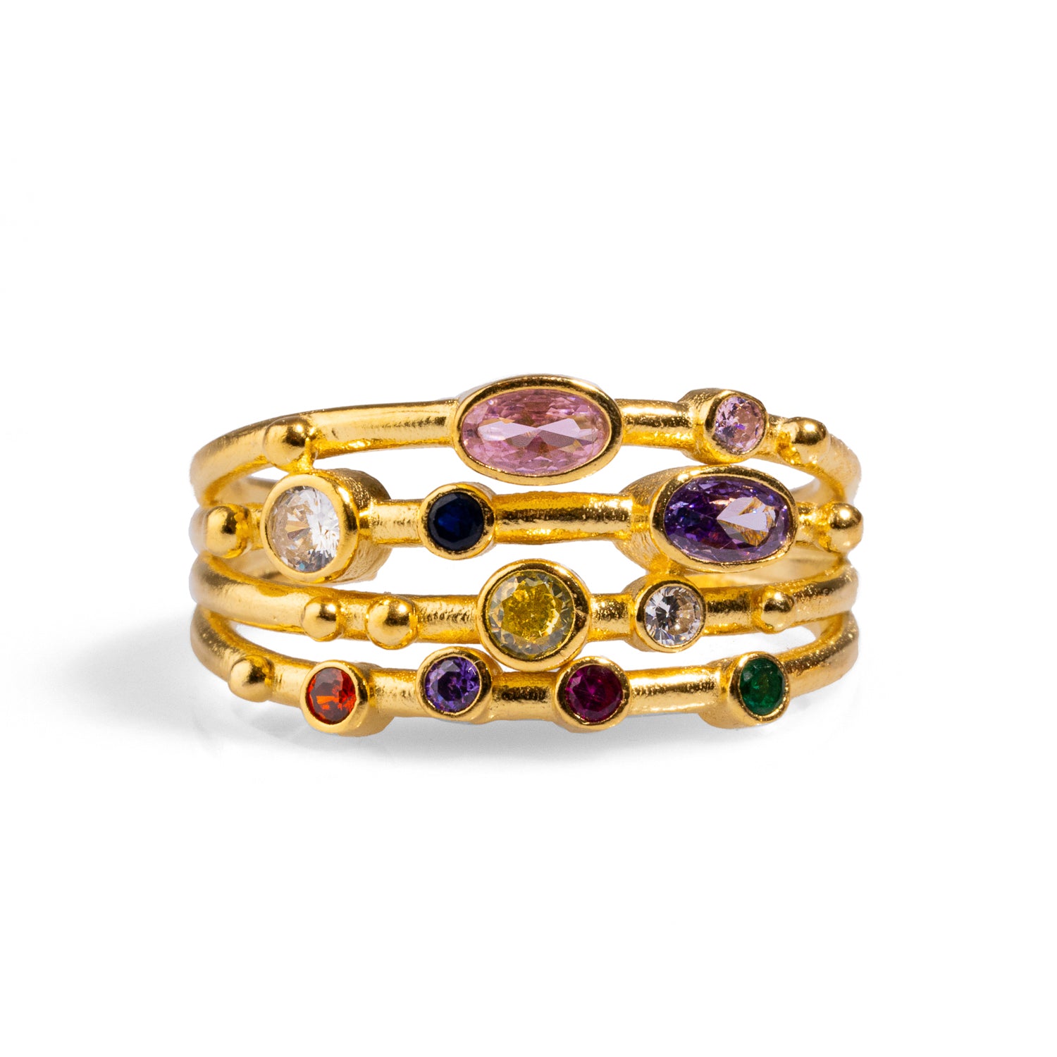 24K Gold-Plated Adjustable Statement Ring with Multicolor Gemstones for a Bold, Fashionable Look