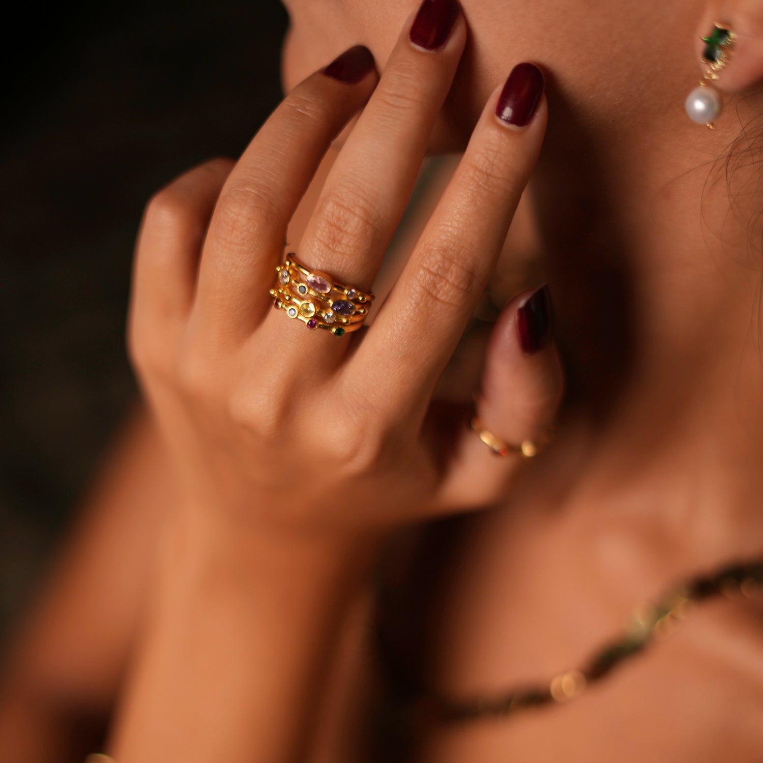 Dainty 24K Gold-Plated Ring with Colorful Multi Gemstones for a Playful and Sophisticated Design