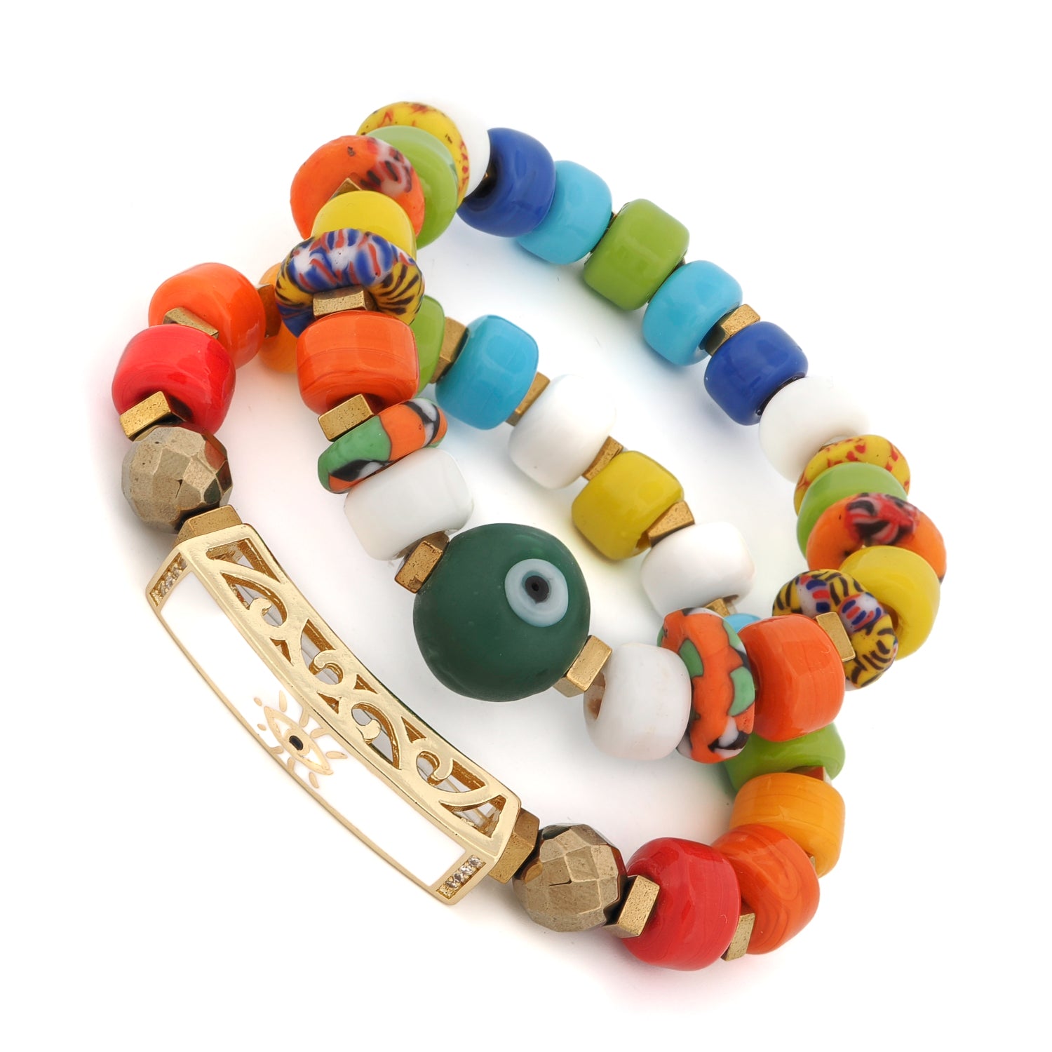 Playful and spiritual bracelet duo featuring ceramic beads and symbolic eye charms