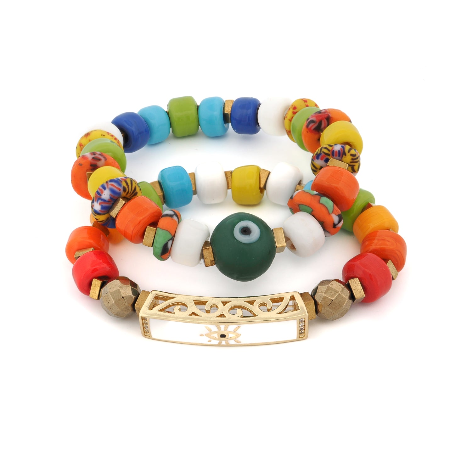 Colorful Protection evil eye ceramic bracelet duo with multicolor beads on white background
