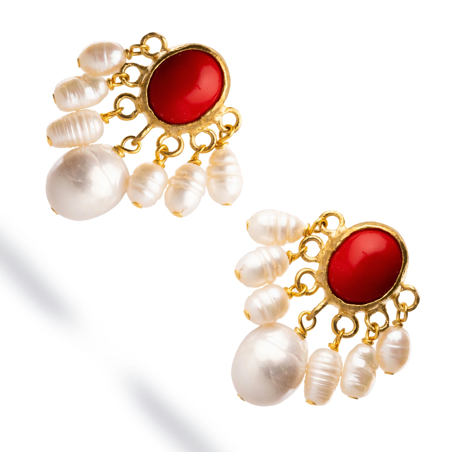 24k gold-plated drop earrings with coral stones and pearl clusters, handmade for a graceful and refined style.