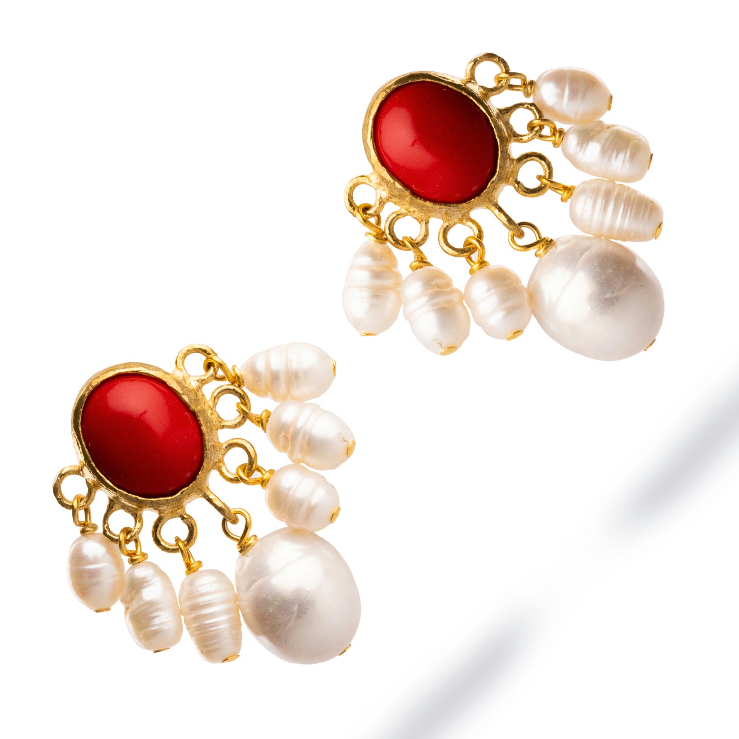 Red coral and pearl cluster drop earrings in a grapevine shape, perfect for adding elegance to both casual and formal outfits.