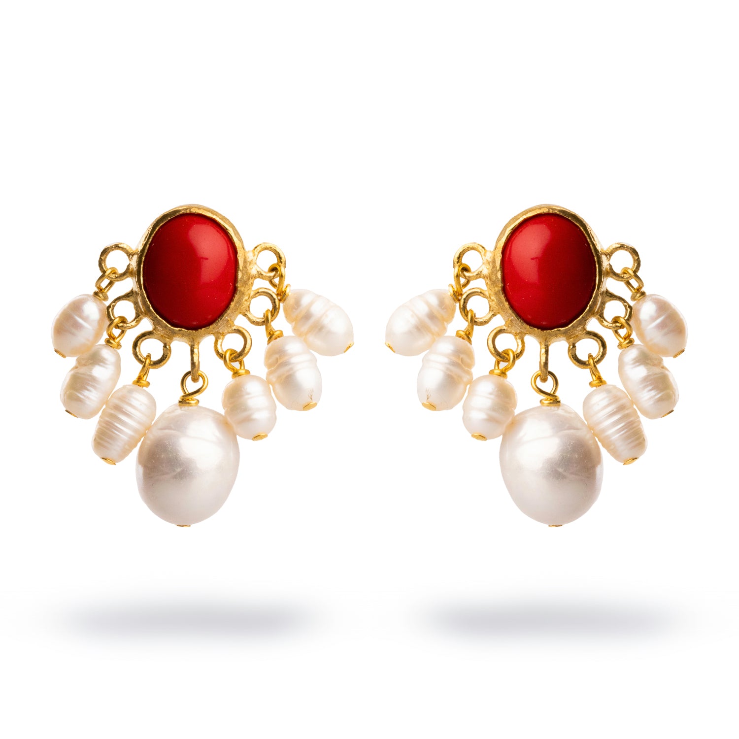 Coral and pearl cluster drop earrings, featuring vibrant red coral stones and cascading pearl accents in a grapevine design.