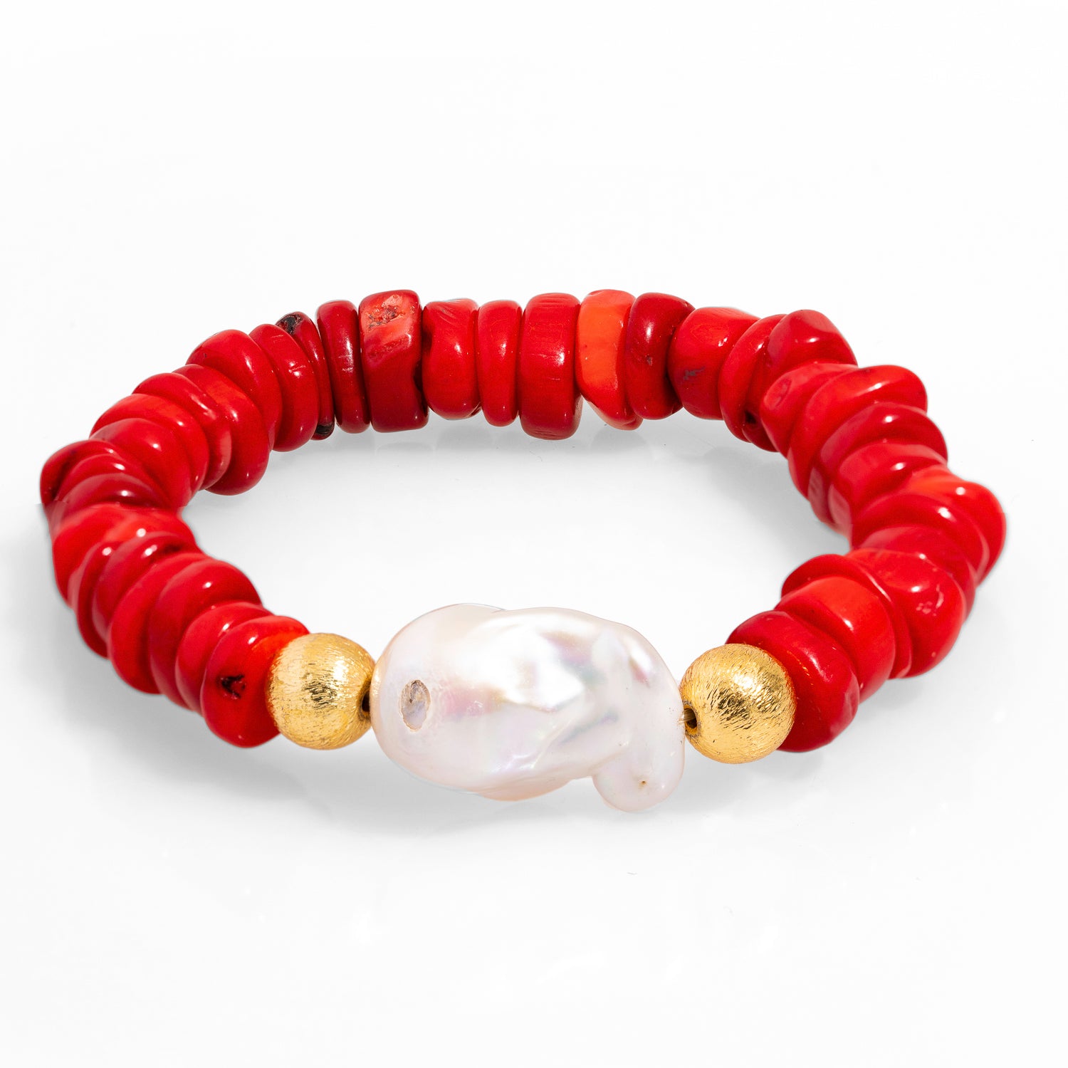 Red Coral and Pearl Beaded Bracelet with Gold-Plated Beads for a Pop of Color and Luxury