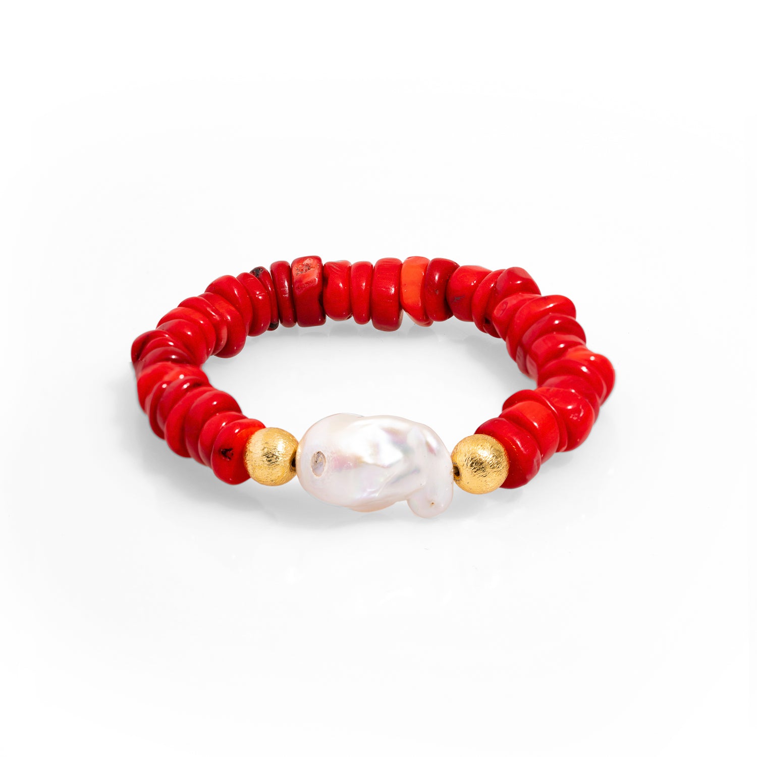 Vibrant Red Coral Beaded Bracelet with Gold Accents and Pearl Stone for Bold Elegance