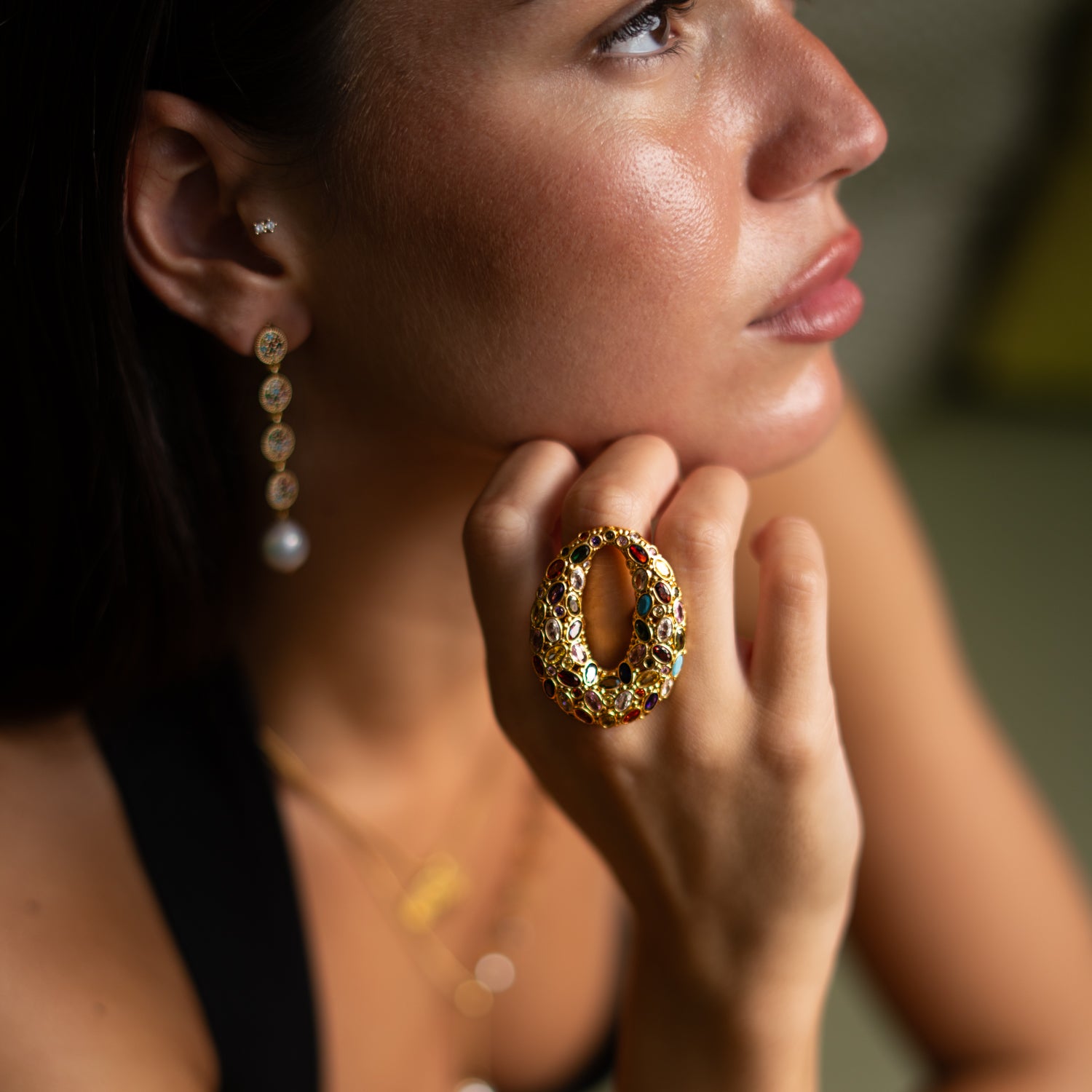 Cosmic Aura Multi Gemstone Gold Adjustable Ring