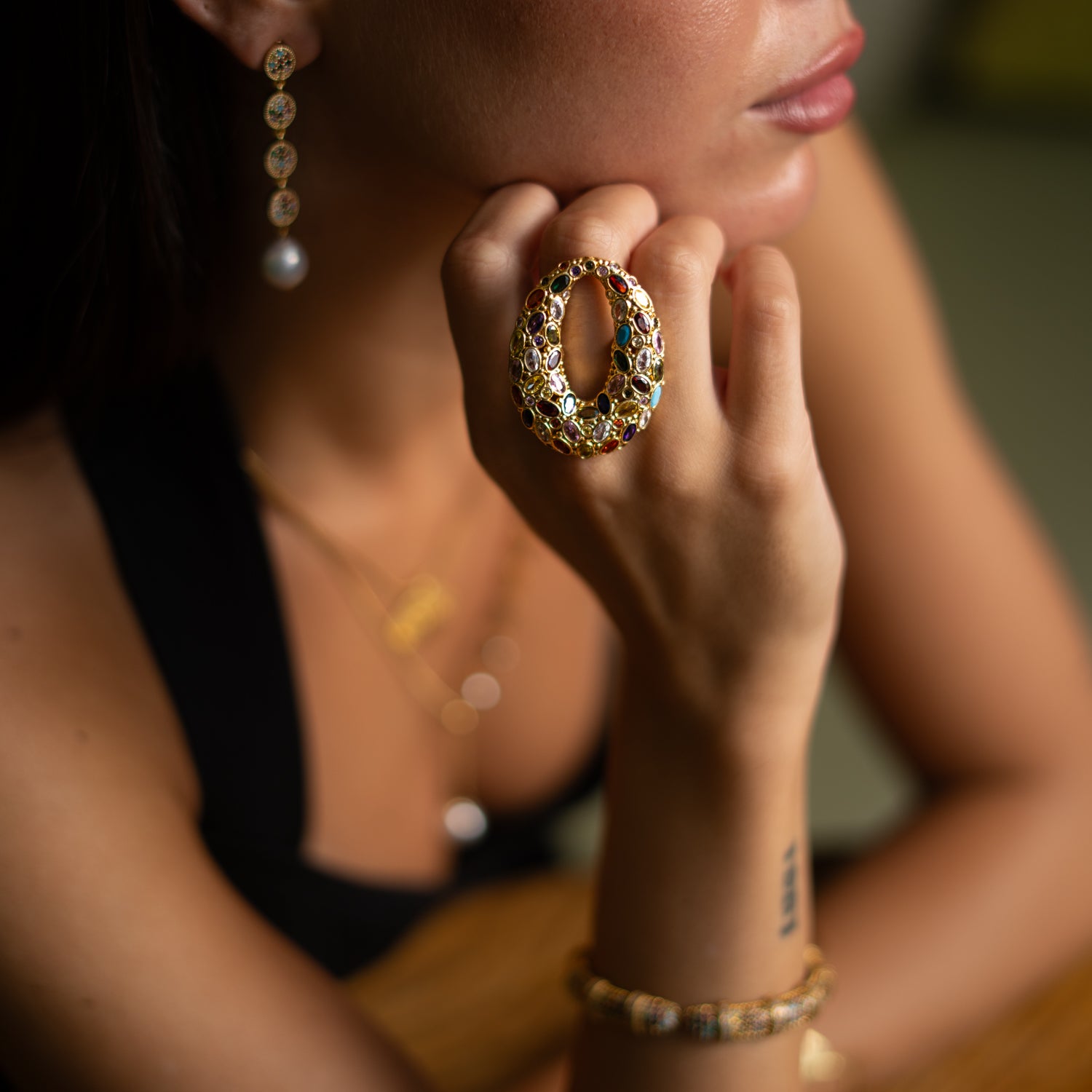 Cosmic Aura Multi Gemstone Gold Adjustable Ring