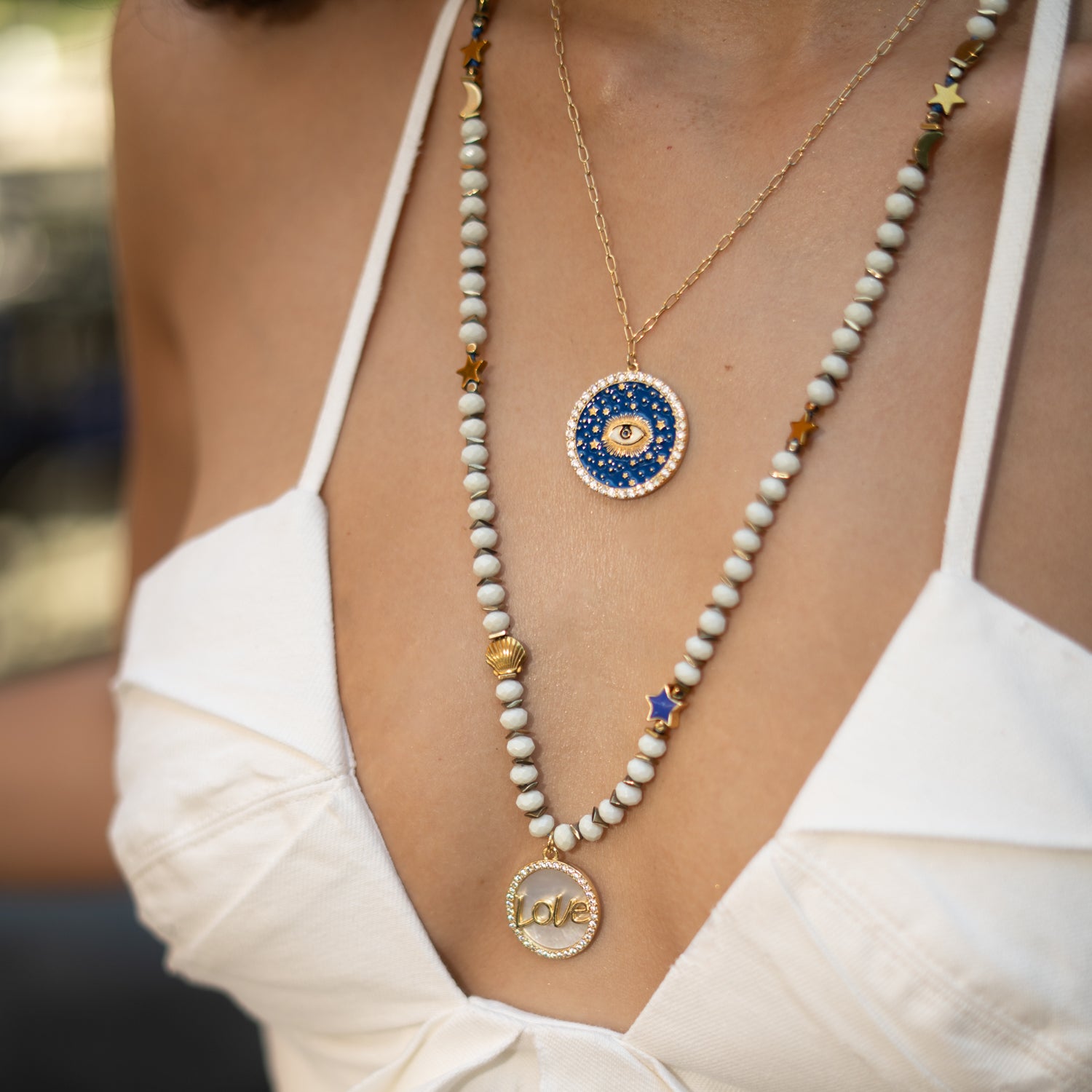 Cosmic Evil Eye Star Medallion Gold Necklace