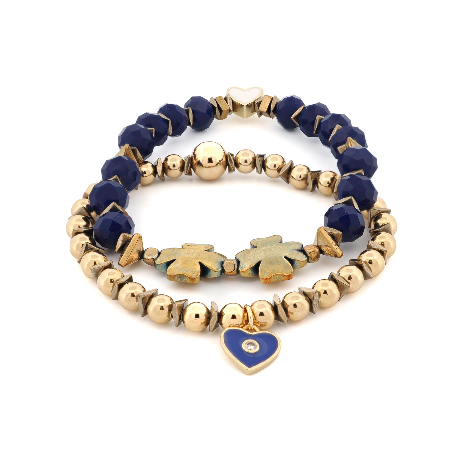 Deep Love bracelet set with blue crystal beads and gold heart charm on white background