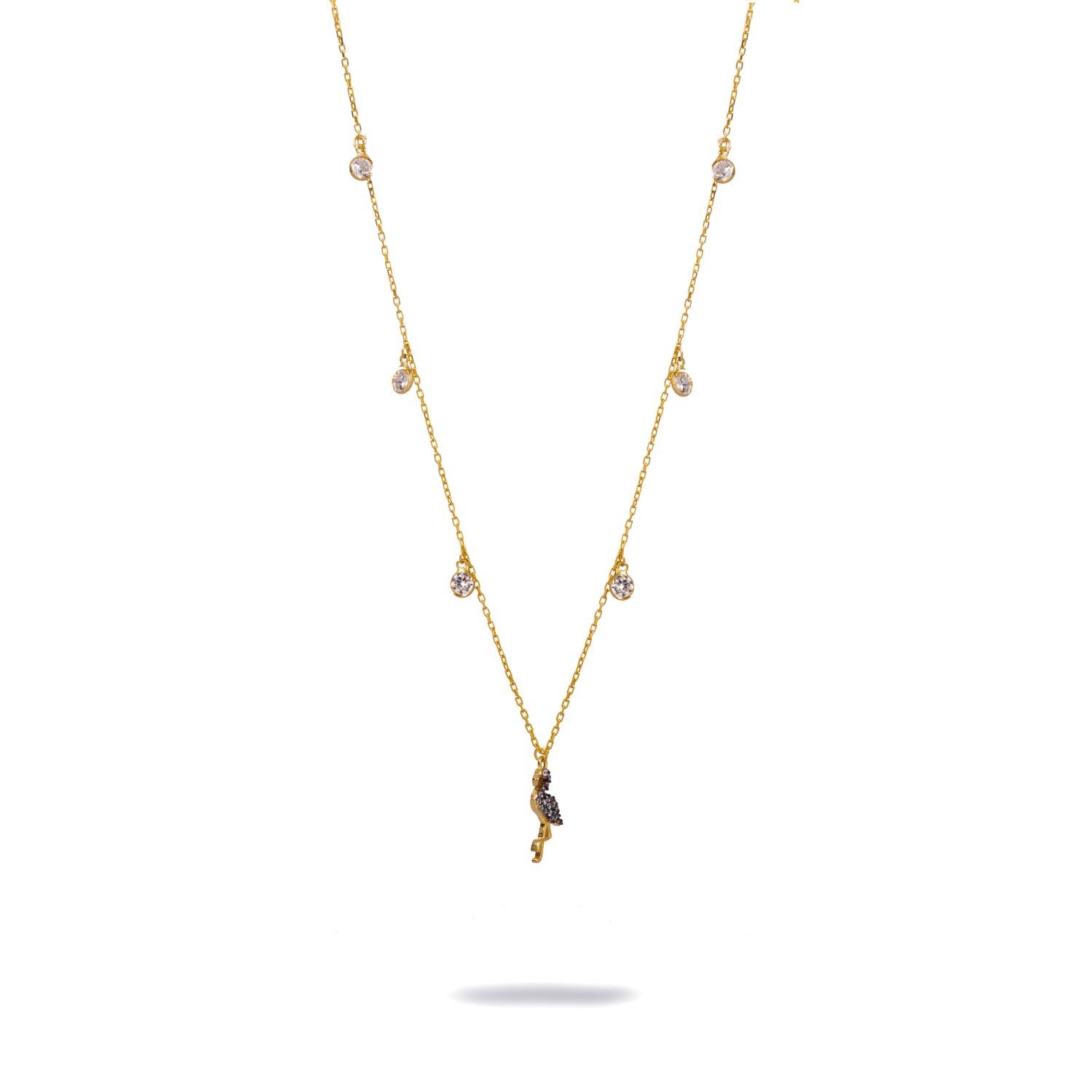 Handcrafted Gold Flamingo Necklace with CZ Diamonds for a Unique Symbol of Grace and Style